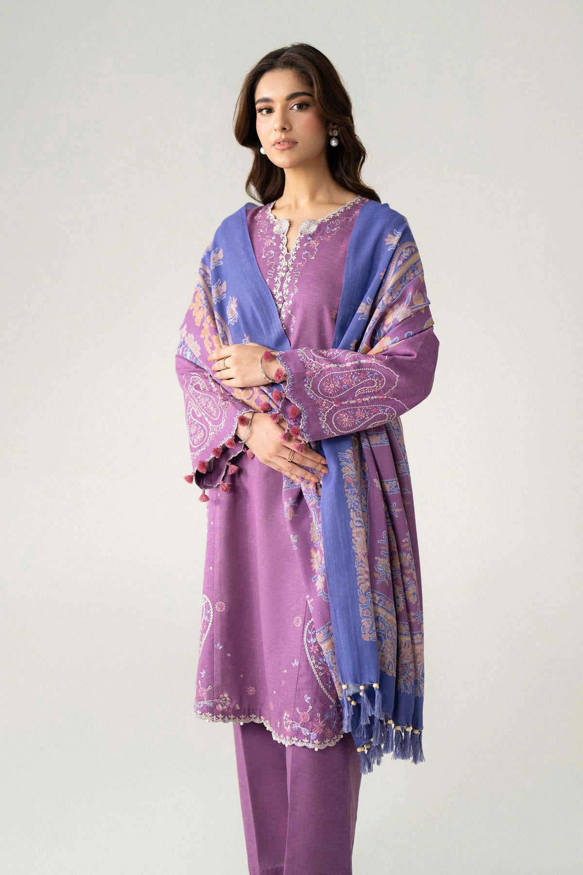 Purple 3-Piece Printed Embroidered Suit in Karandi unstitched
