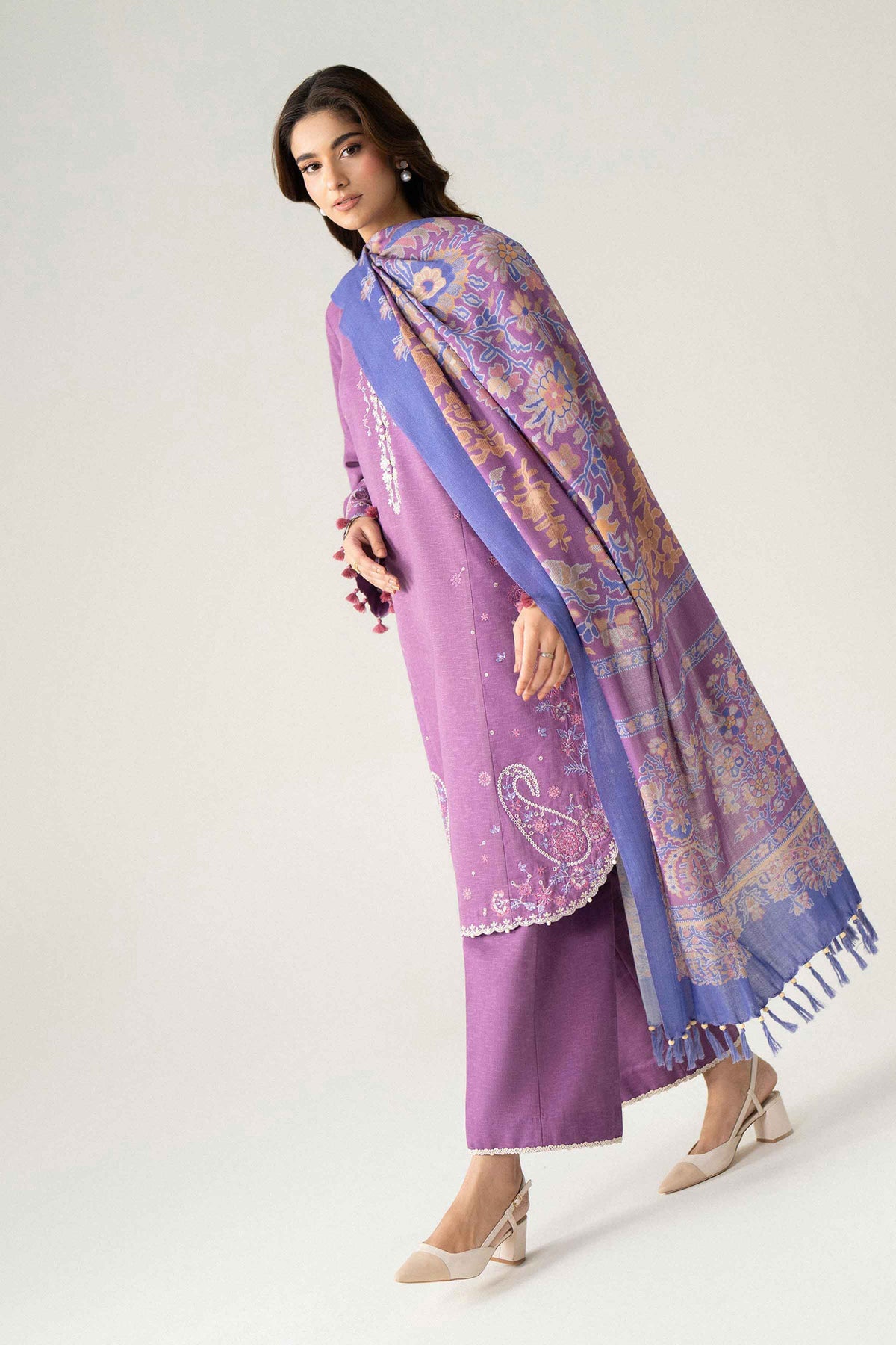 Purple 3-Piece Printed Embroidered Suit in Karandi unstitched