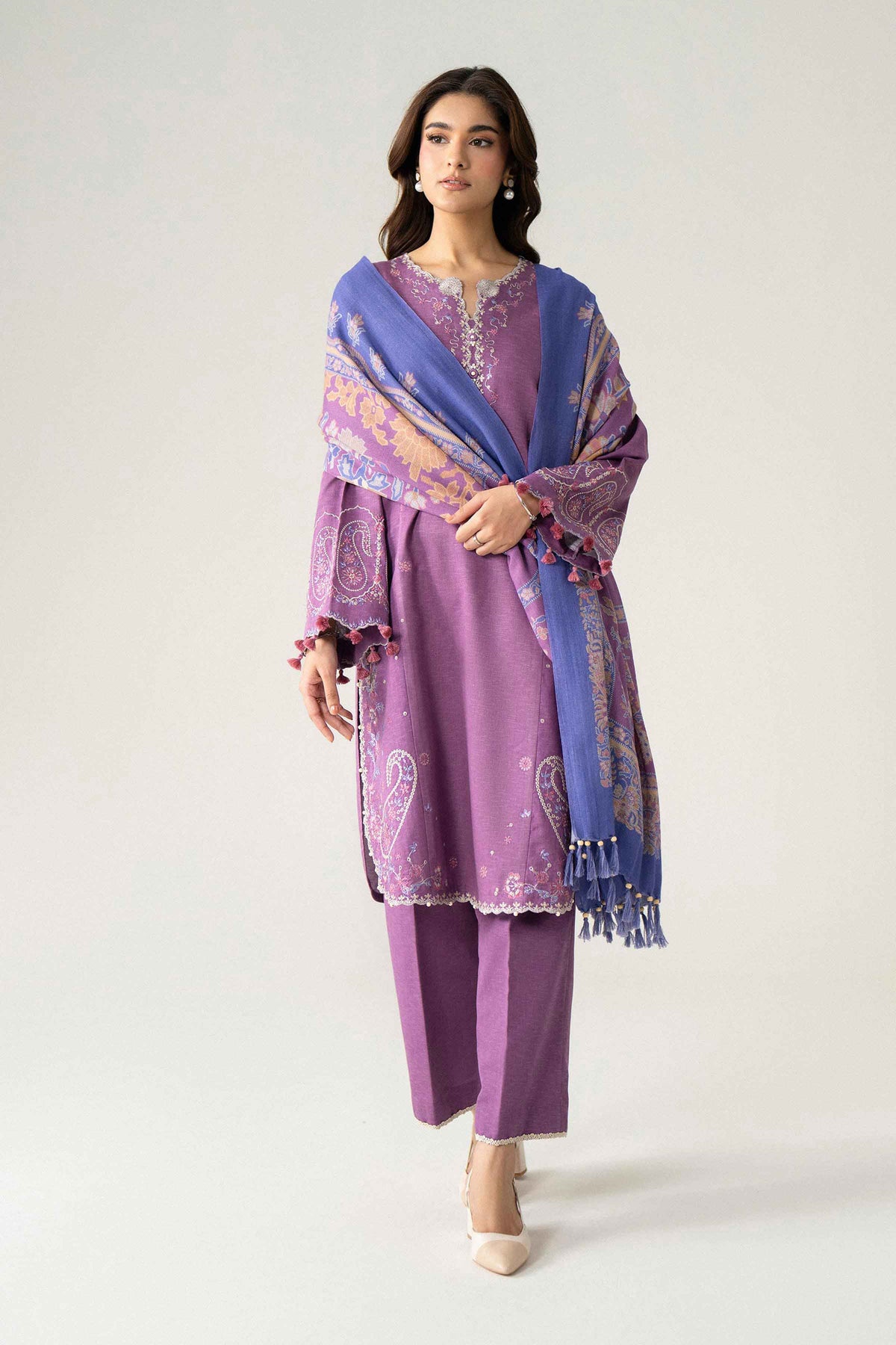 Purple 3-Piece Printed Embroidered Suit in Karandi unstitched