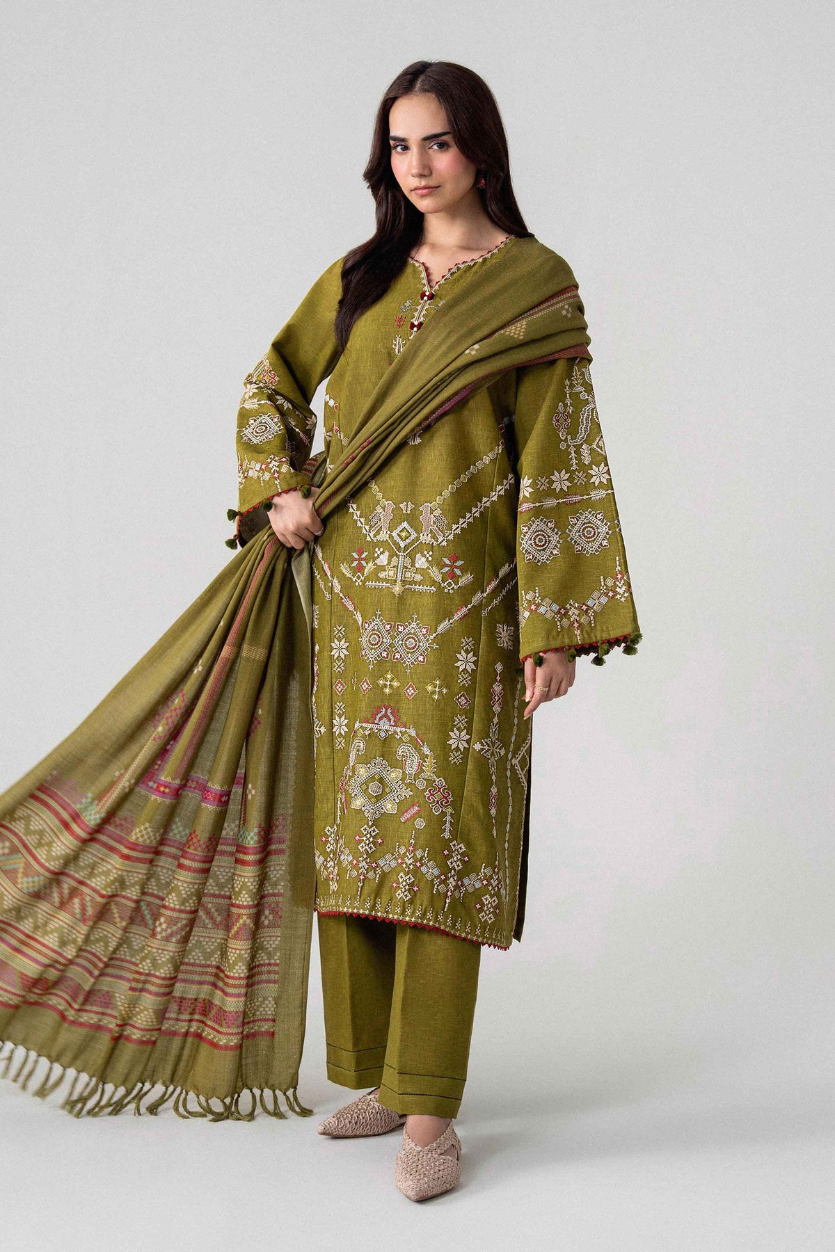 Green 3-Piece Printed Embroidered Suit in Karandi unstitched
