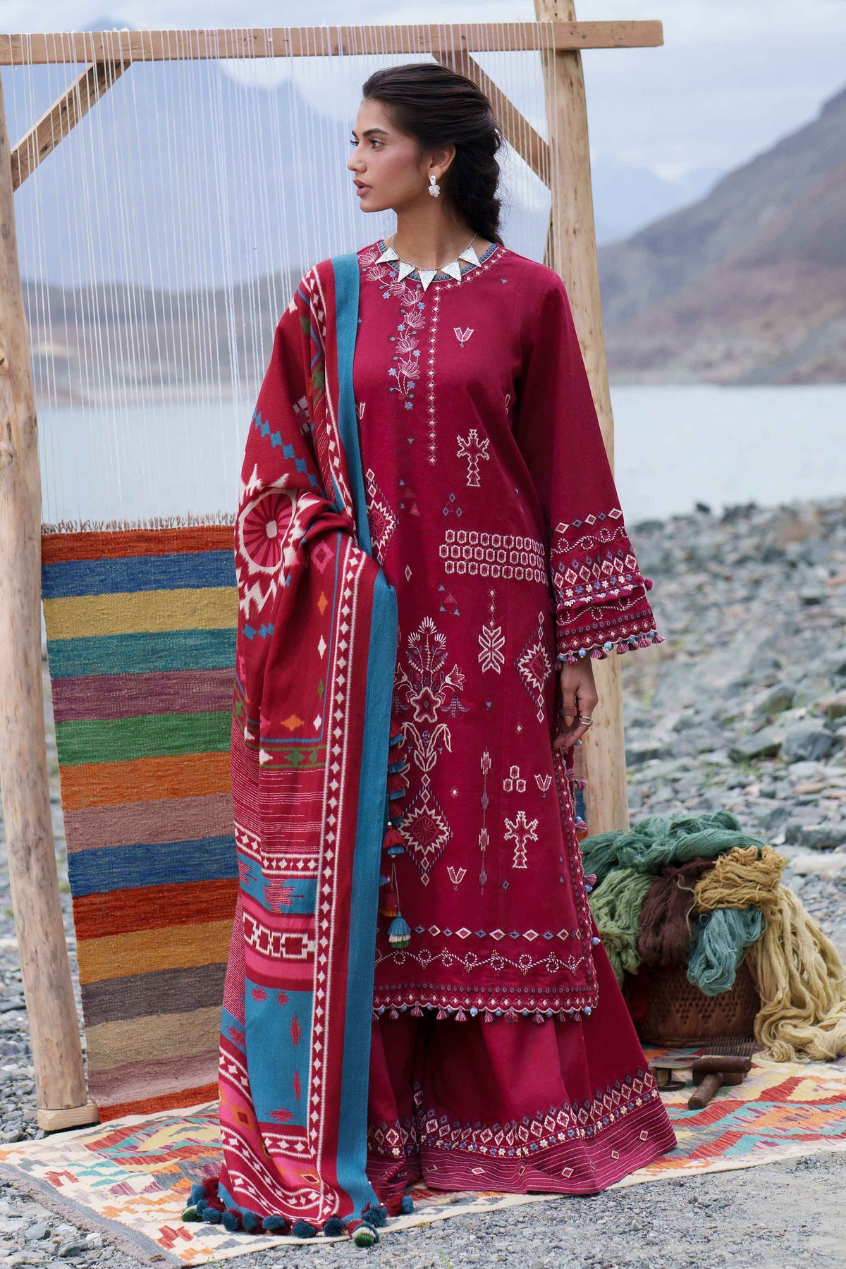 Maroon 3-Piece Printed Embroidered Suit in Karandi unstitched