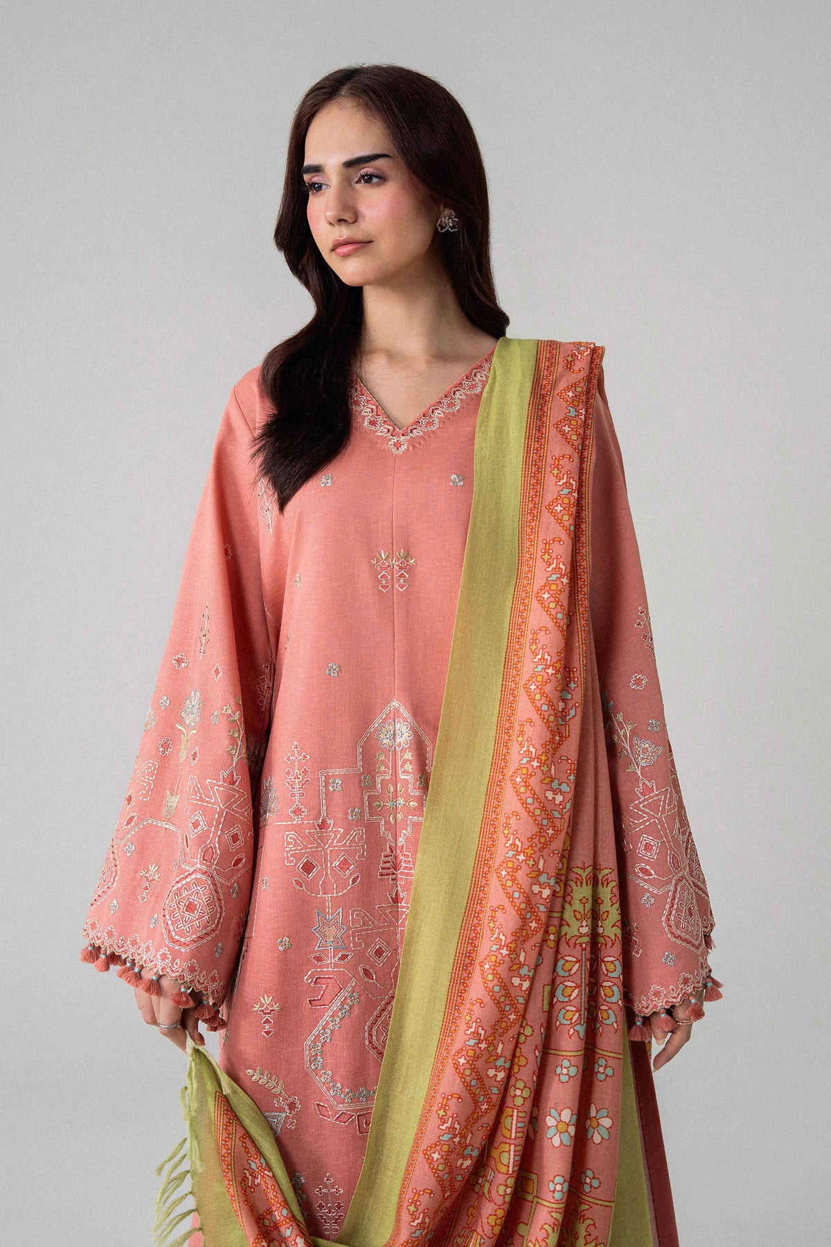 Pink 3-Piece Printed Embroidered Suit in Karandi unstitched