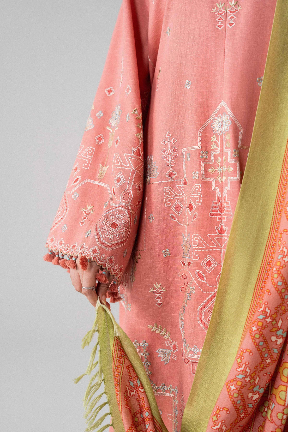 Pink 3-Piece Printed Embroidered Suit in Karandi unstitched