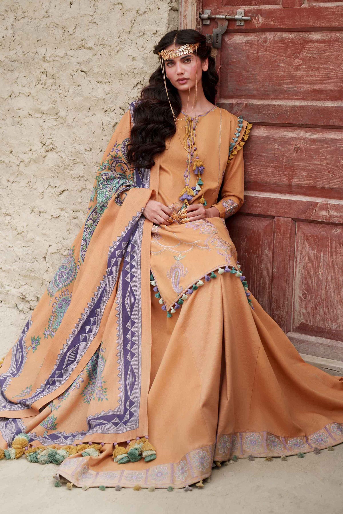 Yellow 3-Piece Printed Embroidered Suit in Karandi unstitched