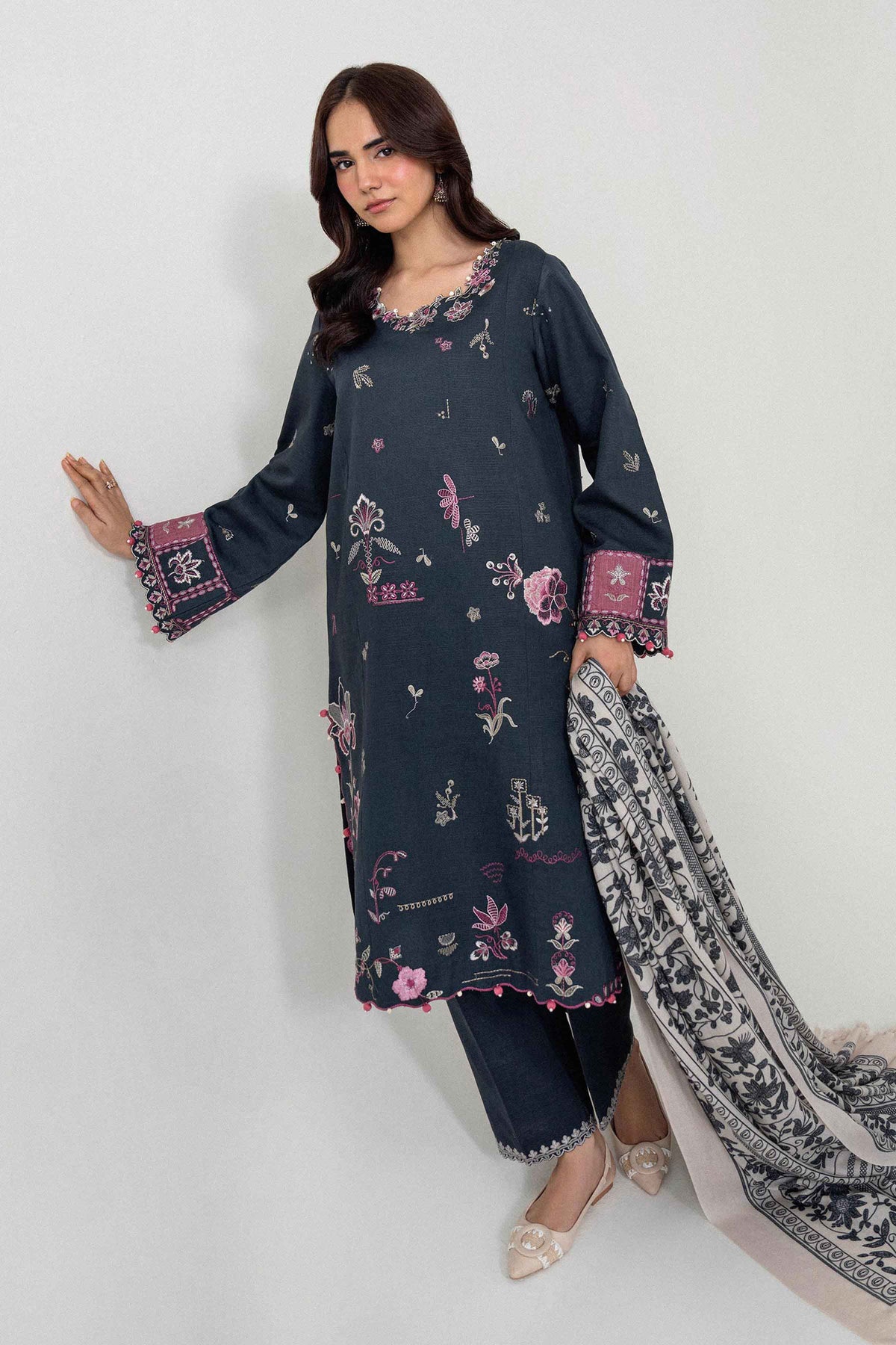 Blue 3-Piece Printed Embroidered Suit in Khaddar unstitched