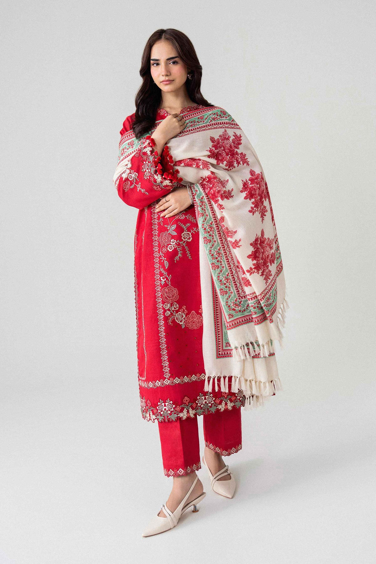 3-Piece Printed Embroidered Suit in Khaddar unstitched