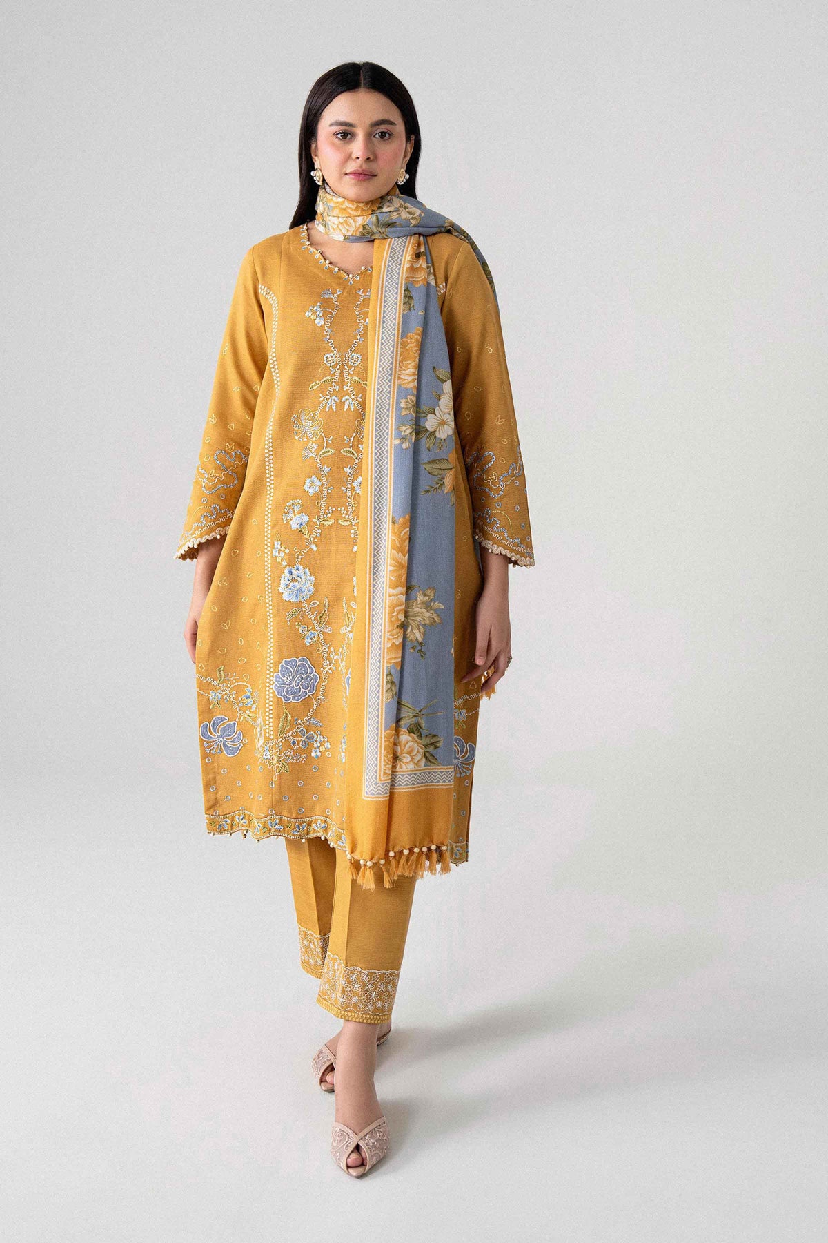 Yellow 3-Piece Printed Embroidered Suit in Khaddar unstitched