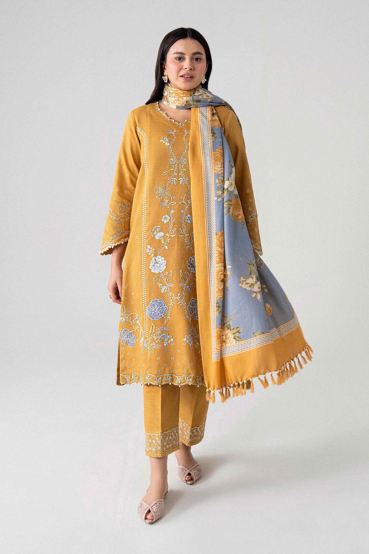 Yellow 3-Piece Printed Embroidered Suit in Khaddar unstitched