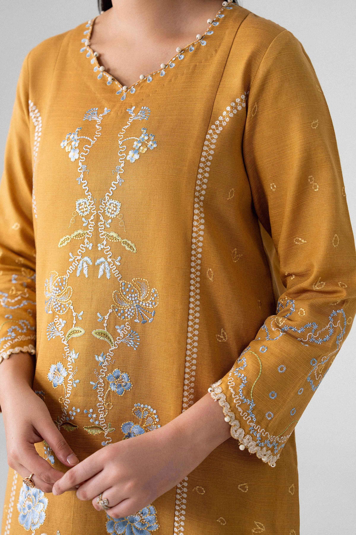 Yellow 3-Piece Printed Embroidered Suit in Khaddar unstitched