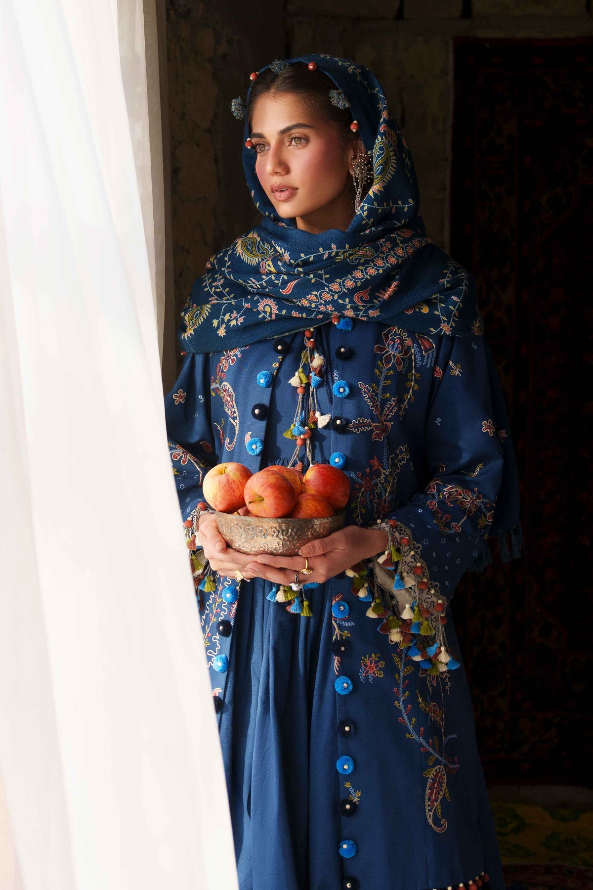 Blue 3-Piece Printed Embroidered Suit in Khaddar unstitched