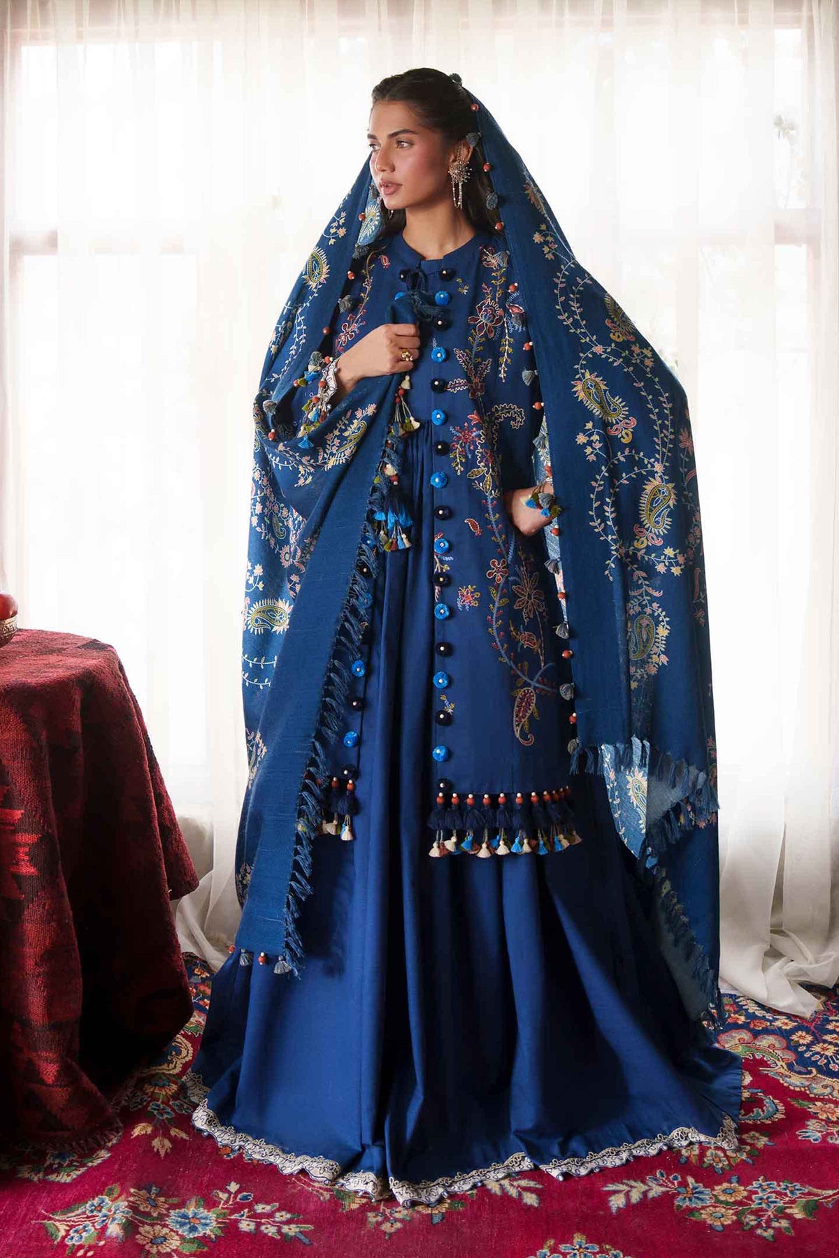 Blue 3-Piece Printed Embroidered Suit in Khaddar unstitched