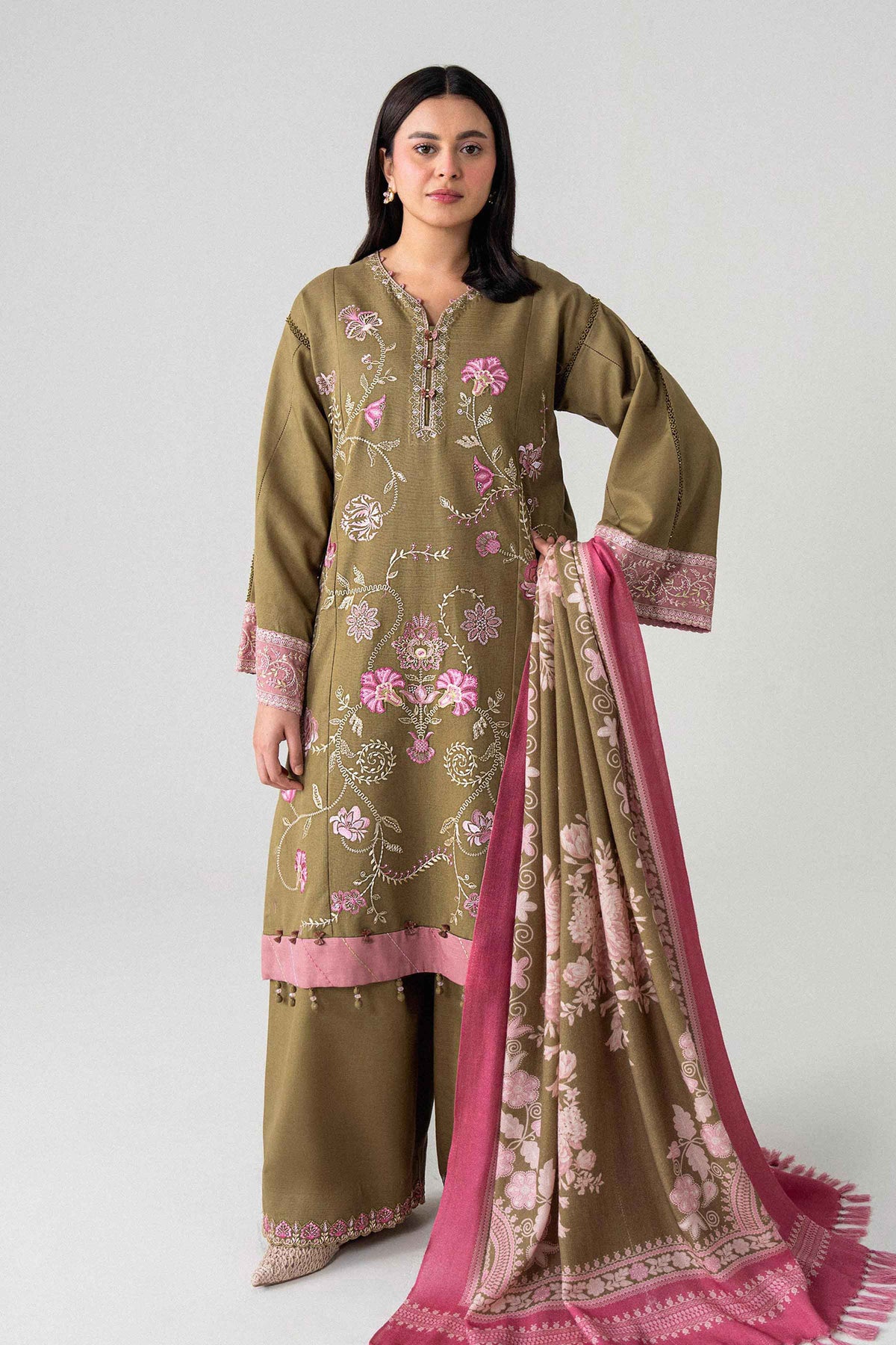 Green 3-Piece Printed Embroidered Suit in Khaddar unstitched
