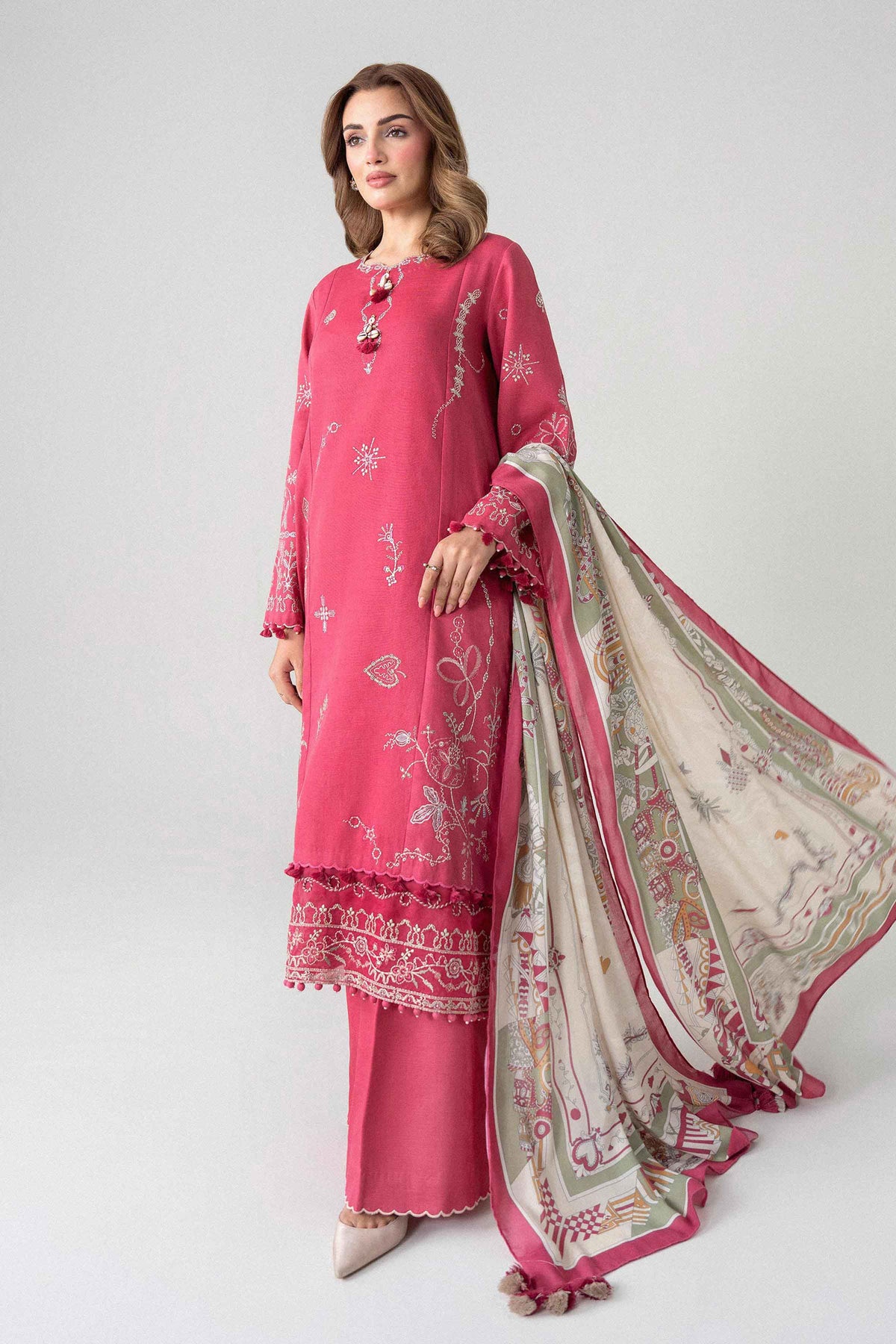 Pink 3-Piece Printed Embroidered Suit in Karandi unstitched