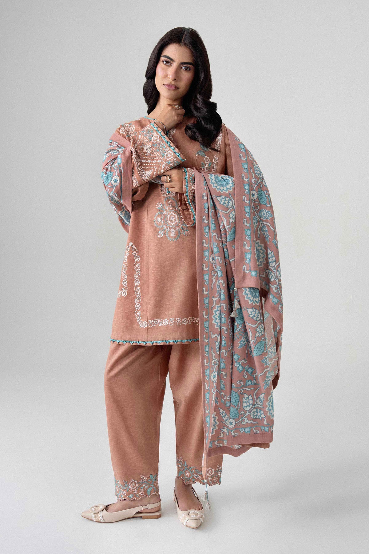 Pink 3-Piece Printed Embroidered Suit in Karandi unstitched