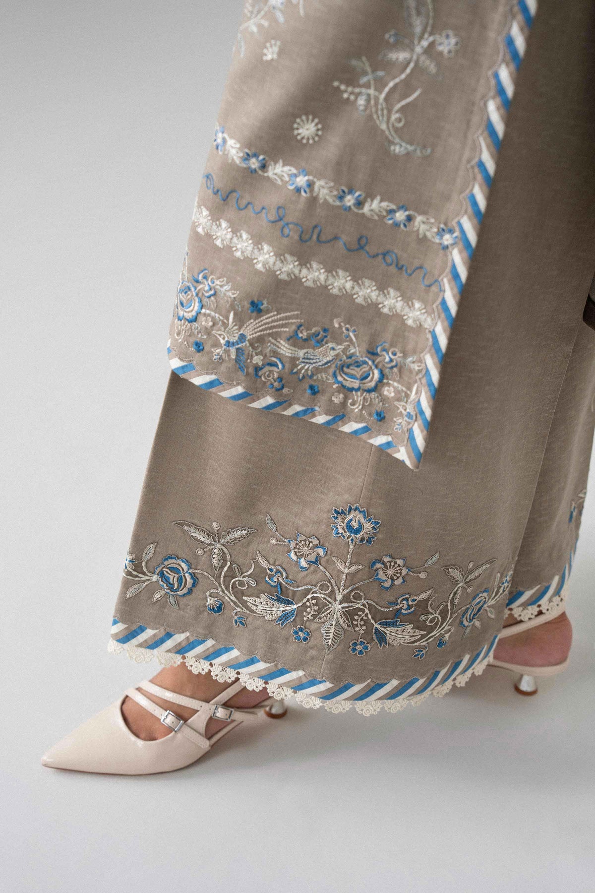 Beige 3-Piece Printed Embroidered Suit in Karandi unstitched