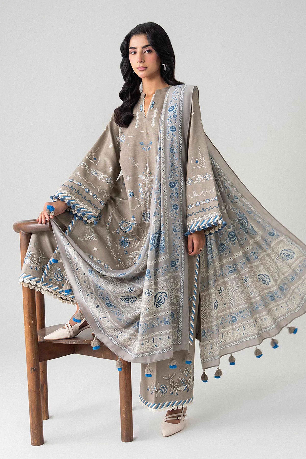 Beige 3-Piece Printed Embroidered Suit in Karandi unstitched
