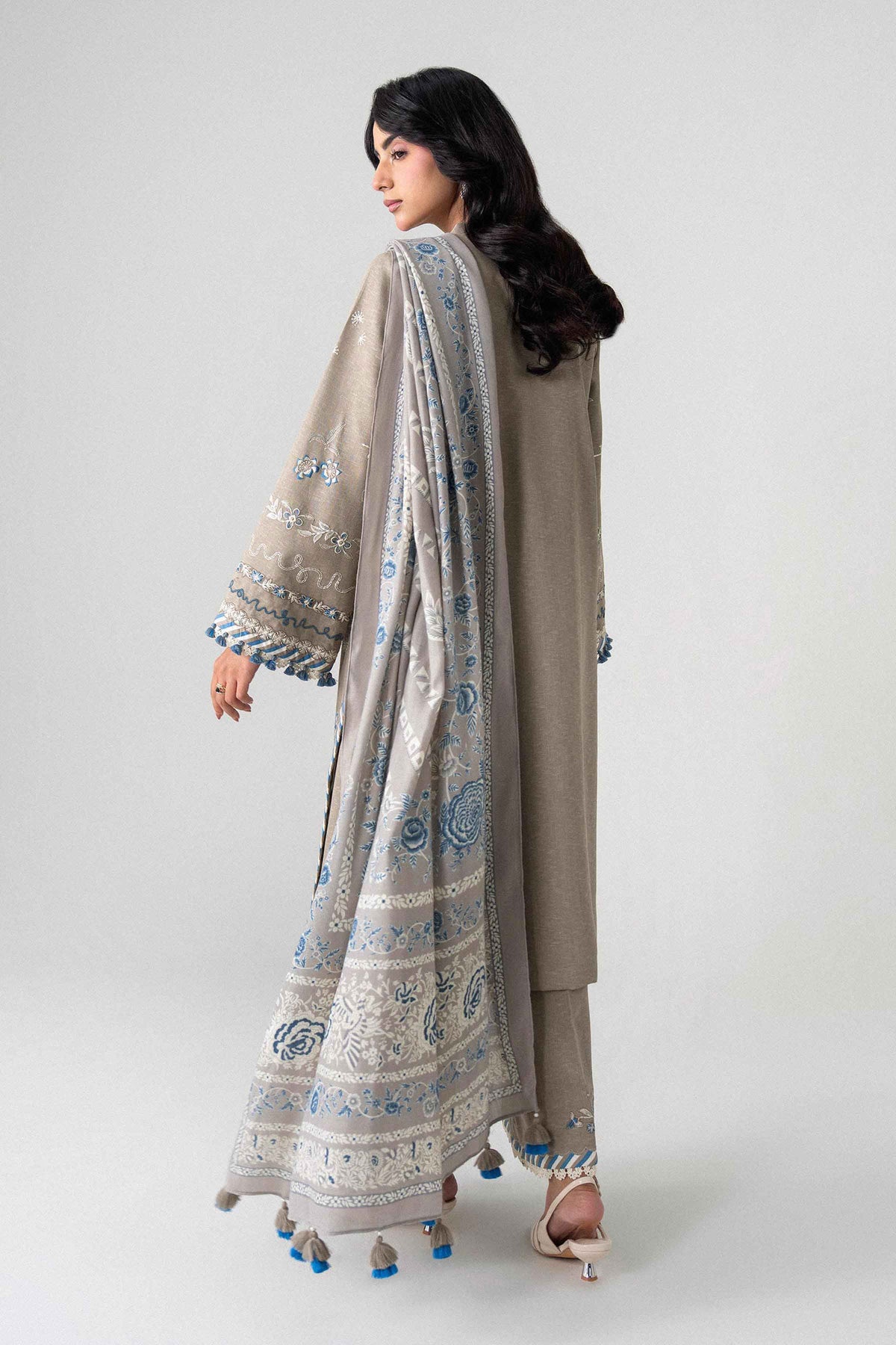 Beige 3-Piece Printed Embroidered Suit in Karandi unstitched