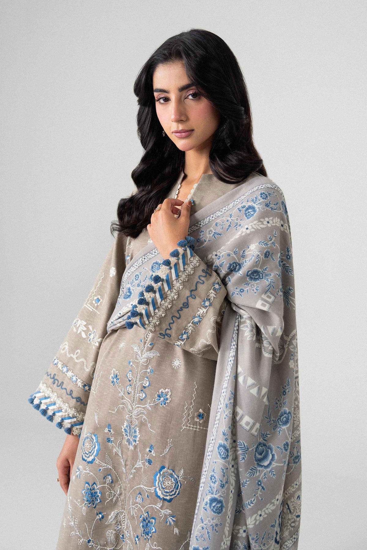 Beige 3-Piece Printed Embroidered Suit in Karandi unstitched