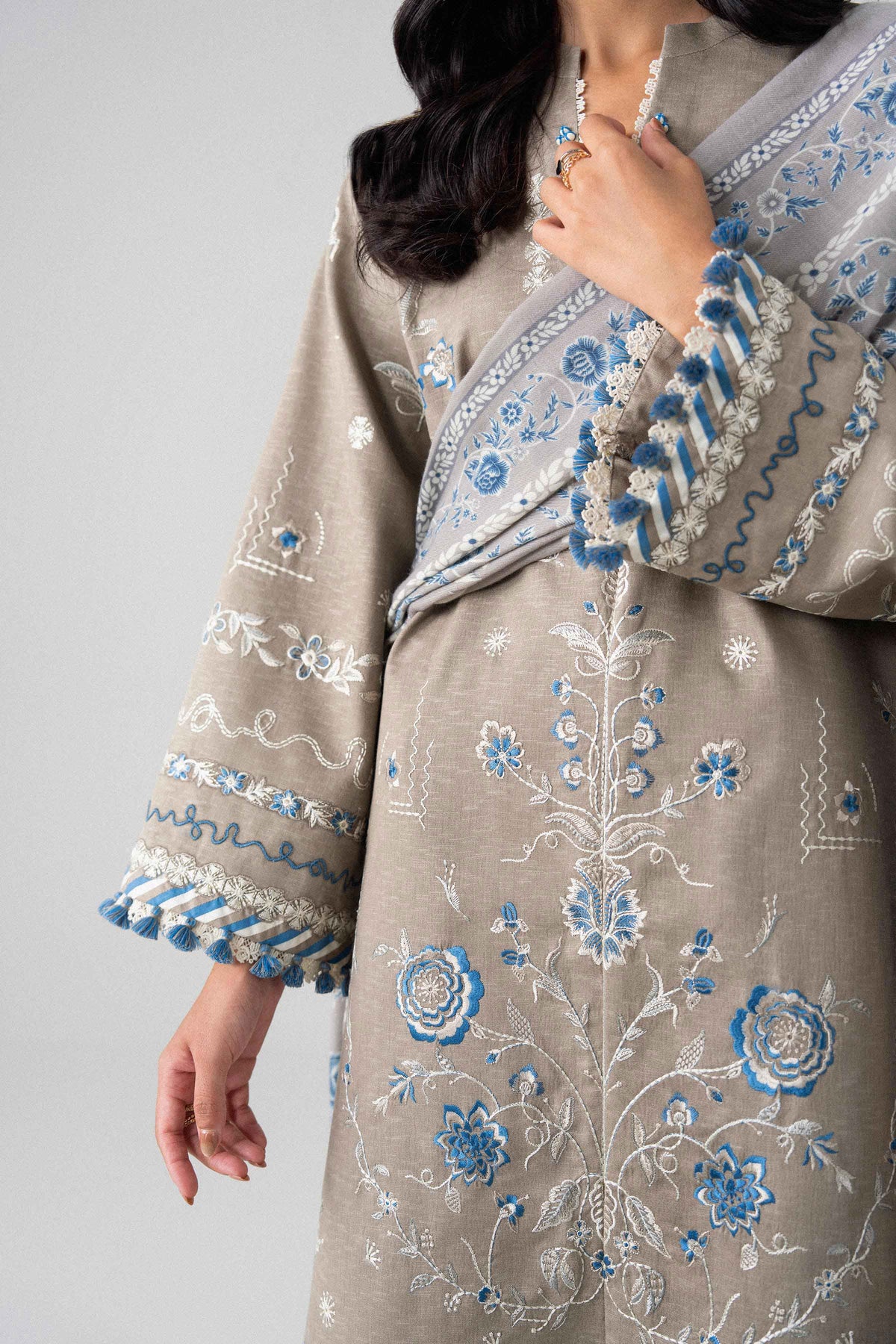Beige 3-Piece Printed Embroidered Suit in Karandi unstitched