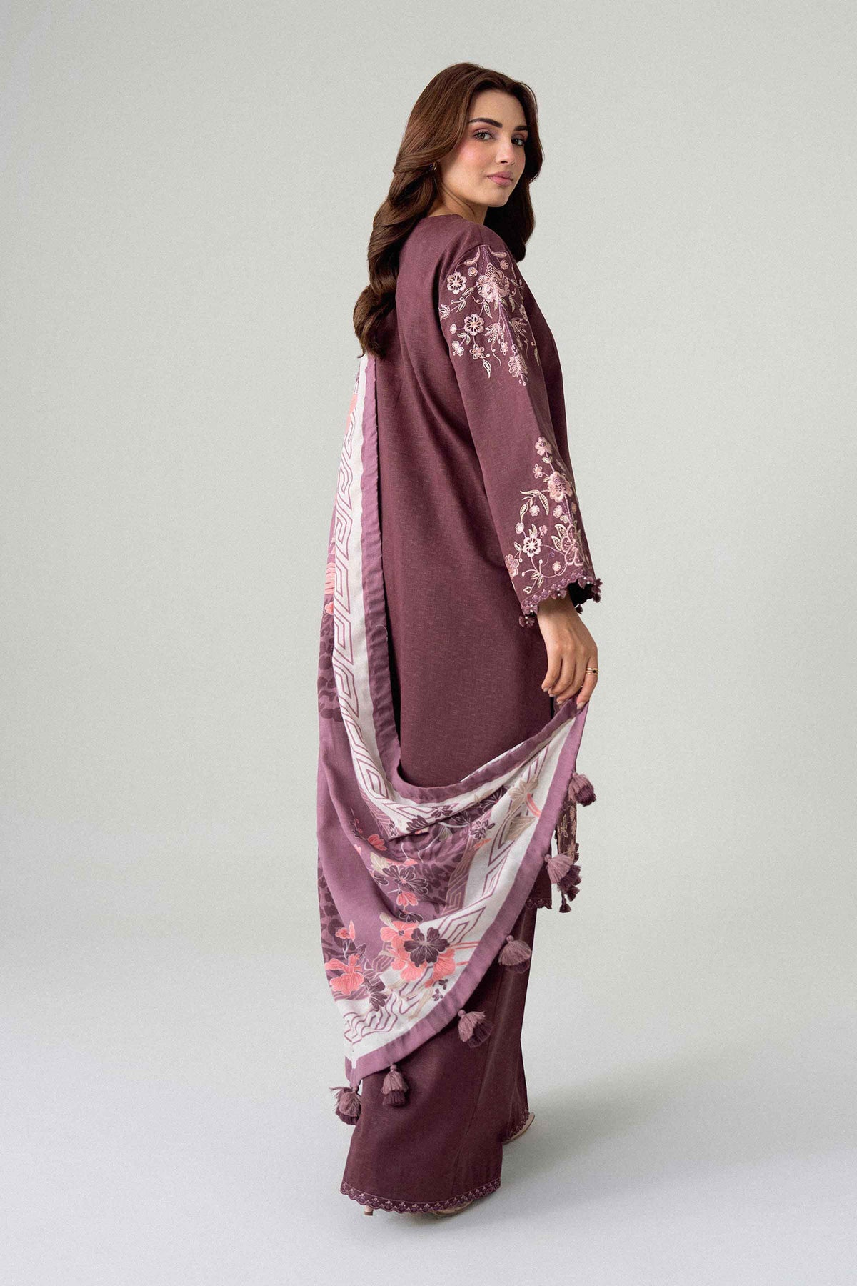 Purple 3-Piece Printed Embroidered Suit in Karandi unstitched