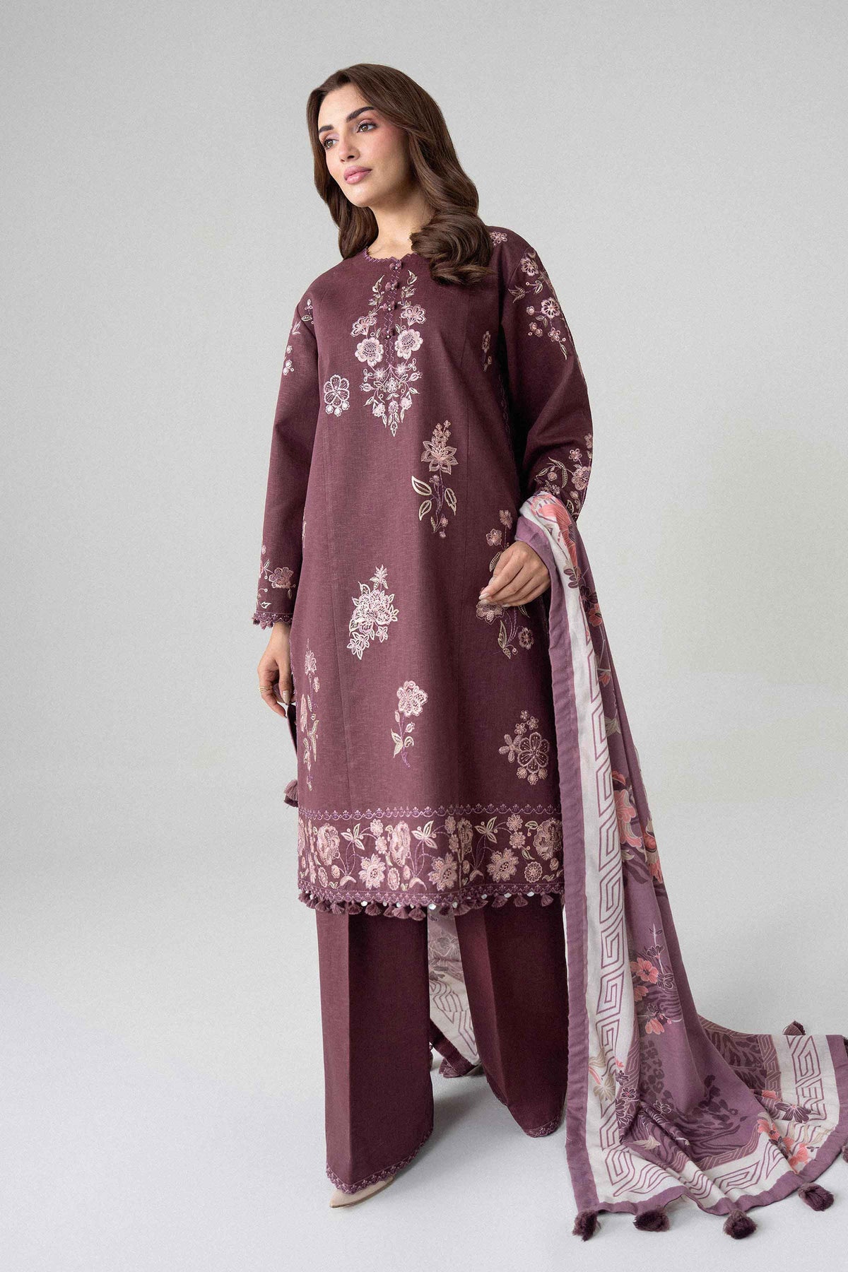 Purple 3-Piece Printed Embroidered Suit in Karandi unstitched