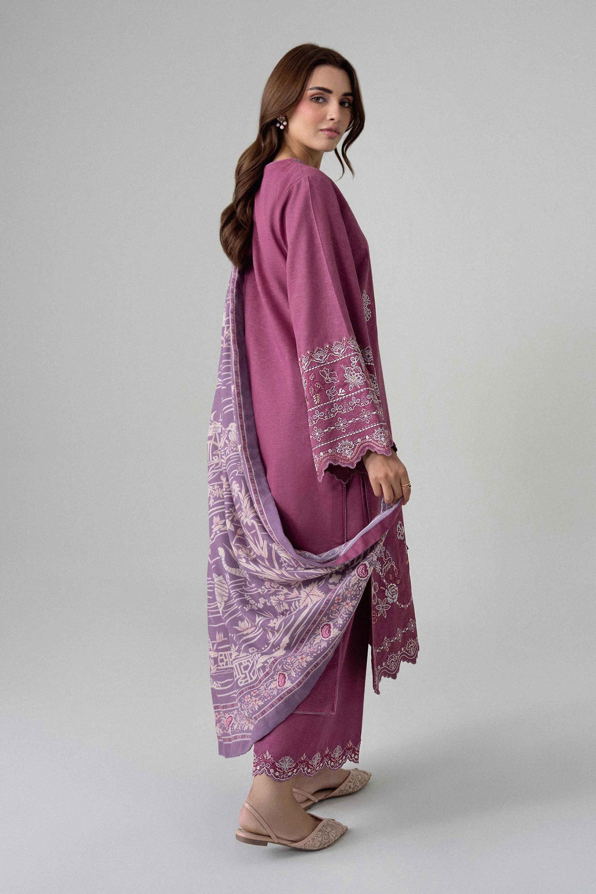 Purple 3-Piece Printed Embroidered Suit in Karandi unstitched