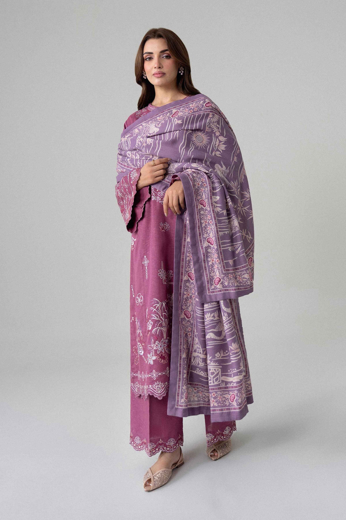 Purple 3-Piece Printed Embroidered Suit in Karandi unstitched