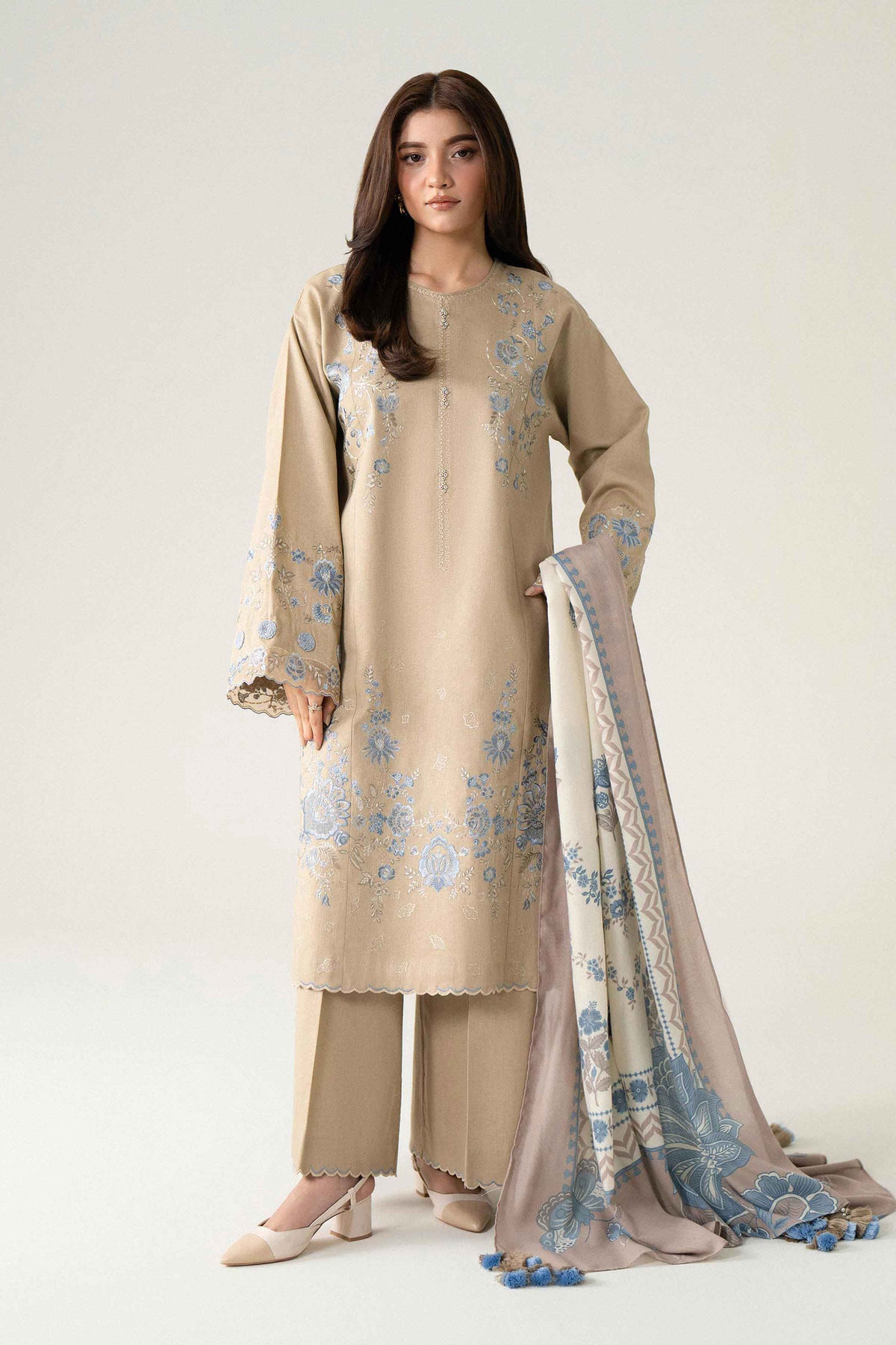Beige 3-Piece Printed Embroidered Suit in Karandi unstitched