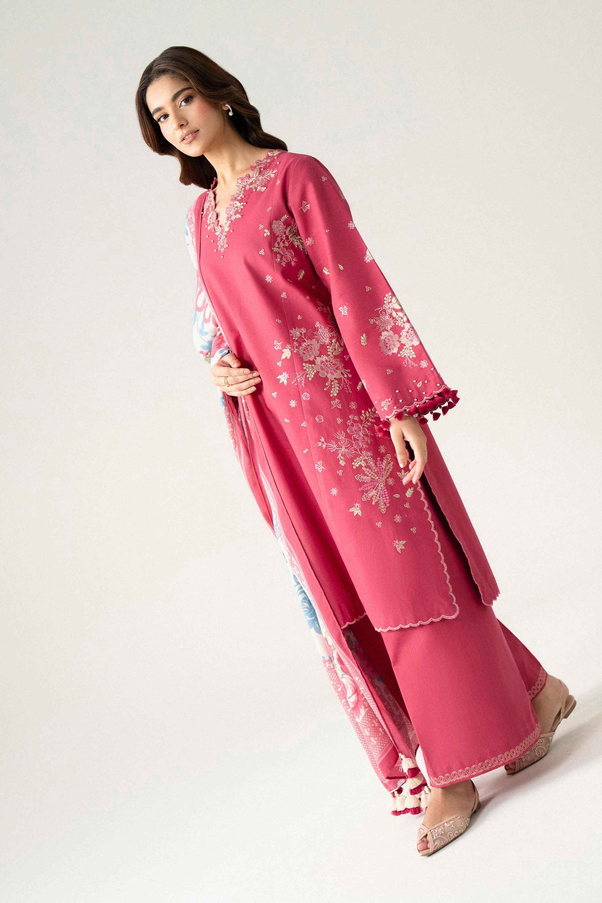 3-Piece Printed Embroidered Suit in Karandi unstitched