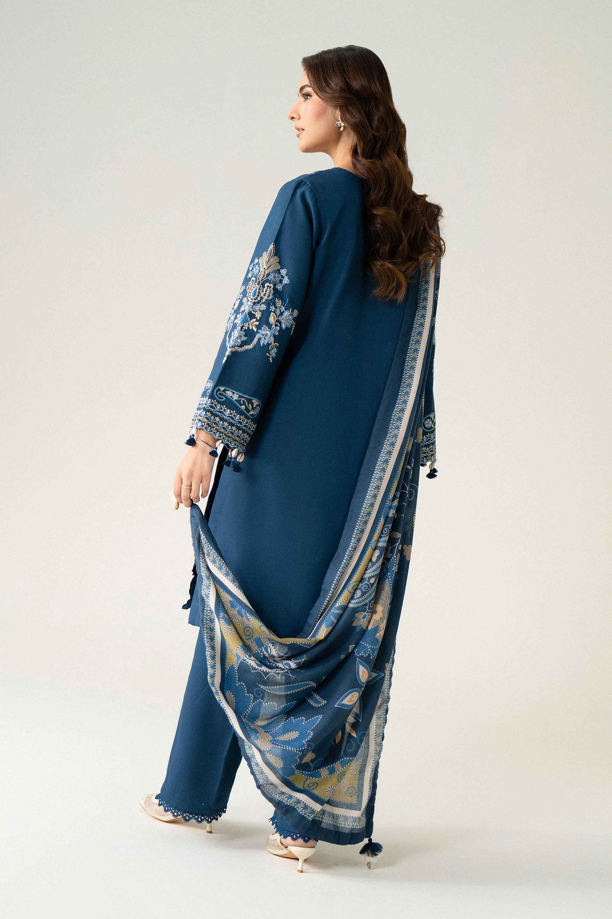 Blue 3-Piece Printed Embroidered Suit in Khaddar unstitched