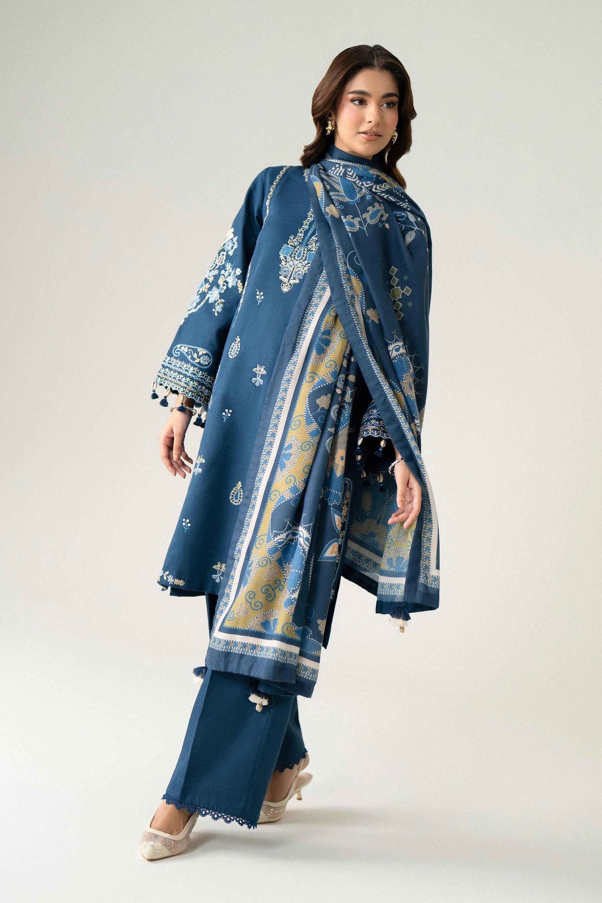 Blue 3-Piece Printed Embroidered Suit in Khaddar unstitched