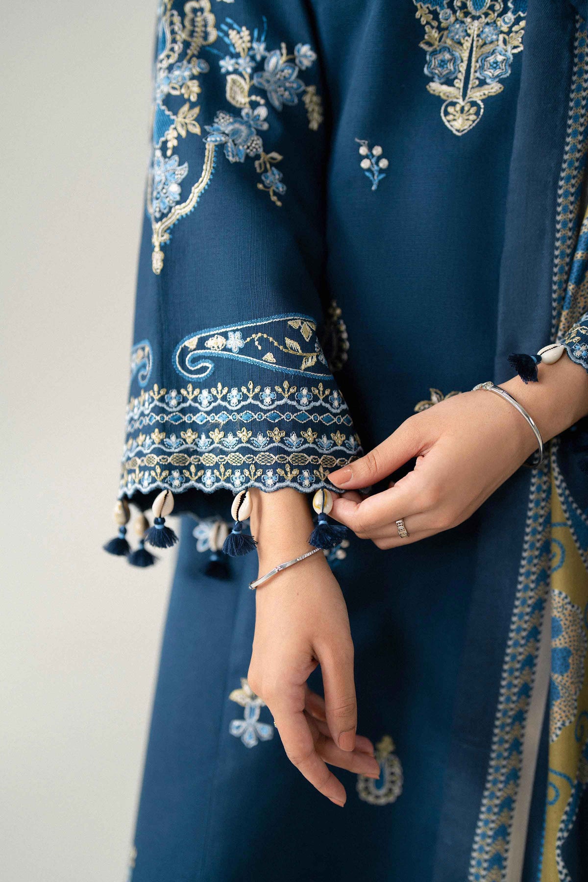 Blue 3-Piece Printed Embroidered Suit in Khaddar unstitched