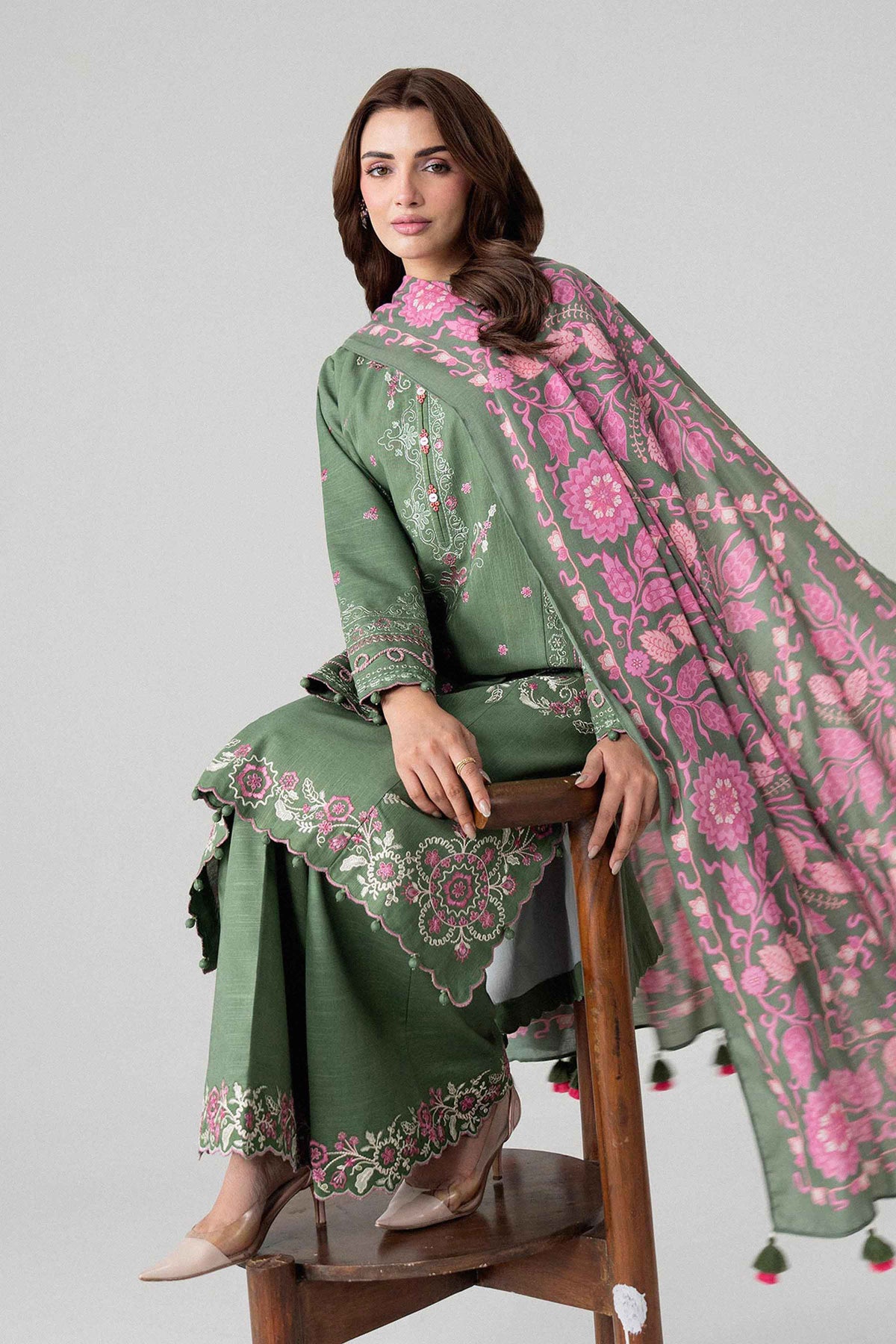 Green 3-Piece Digital Printed Embroidered Suit in Khaddar unstitched