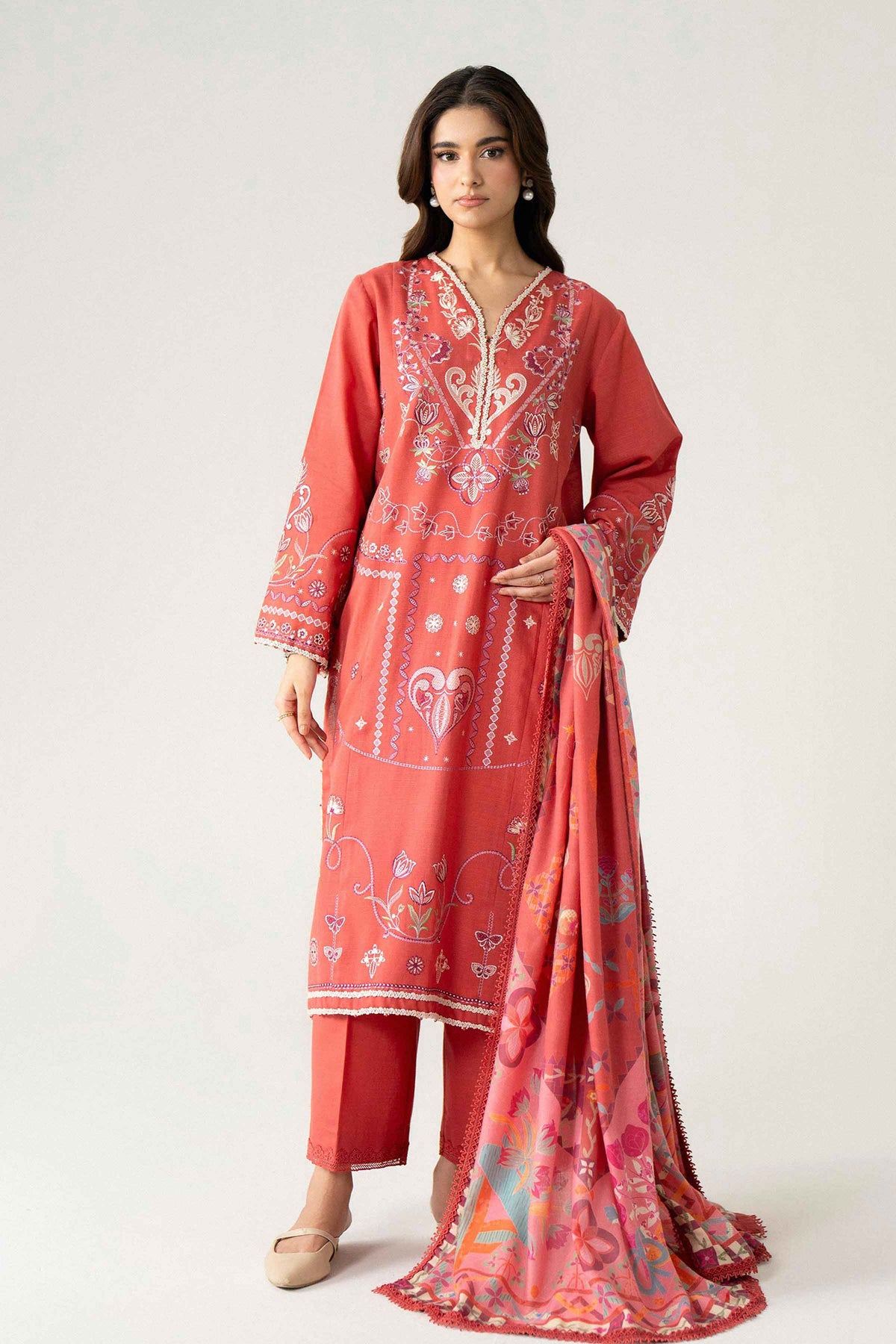3-Piece Digital Printed Embroidered Suit in Khaddar unstitched