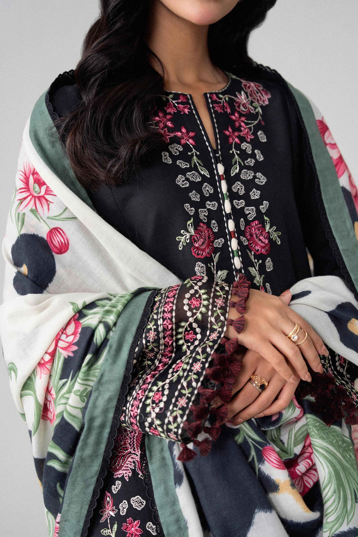 Black 3-Piece Digital Printed Embroidered Suit in Khaddar unstitched