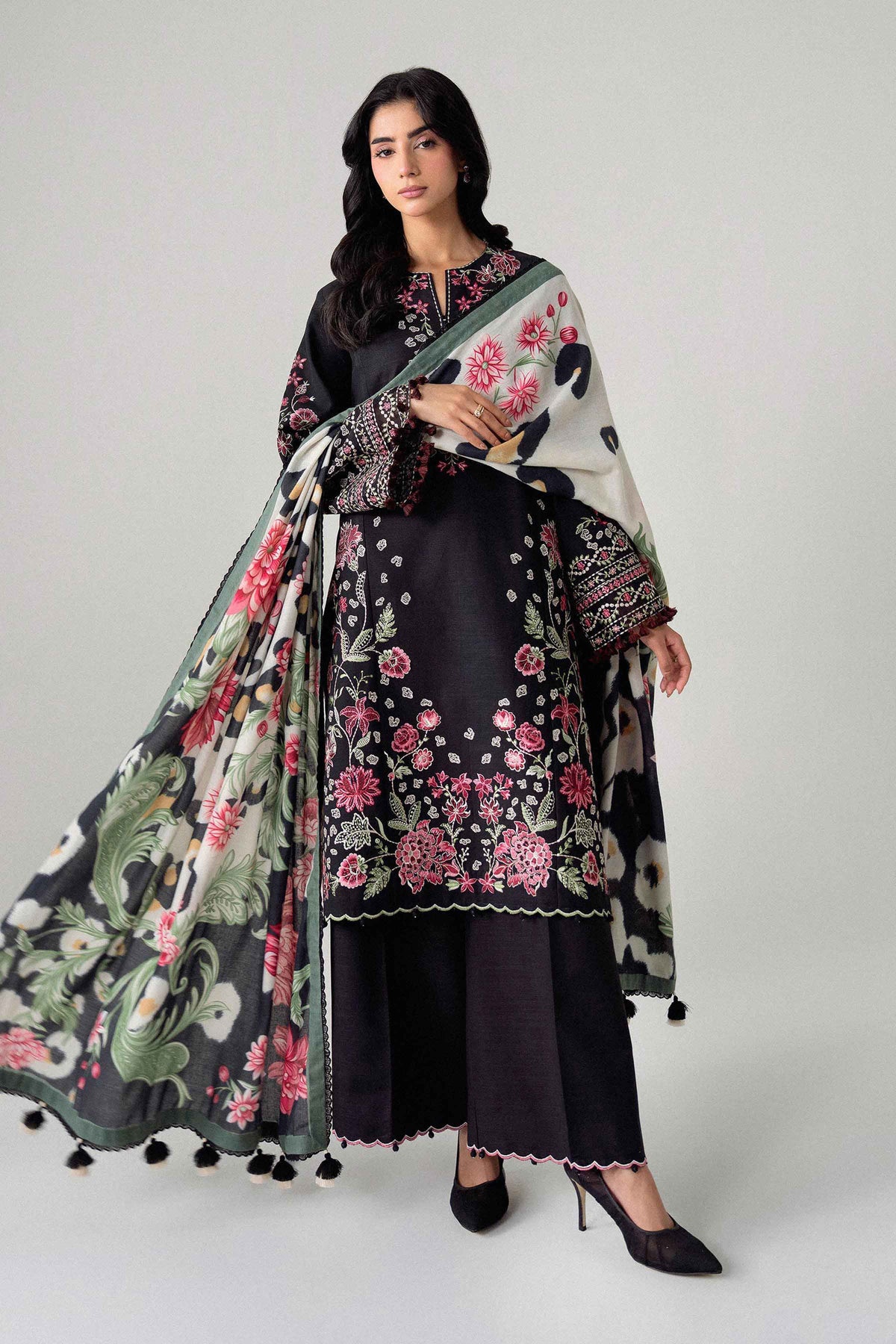 Black 3-Piece Digital Printed Embroidered Suit in Khaddar unstitched