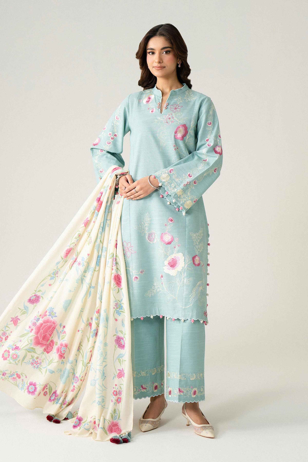 Green 3-Piece Digital Printed Embroidered Suit in Khaddar unstitched