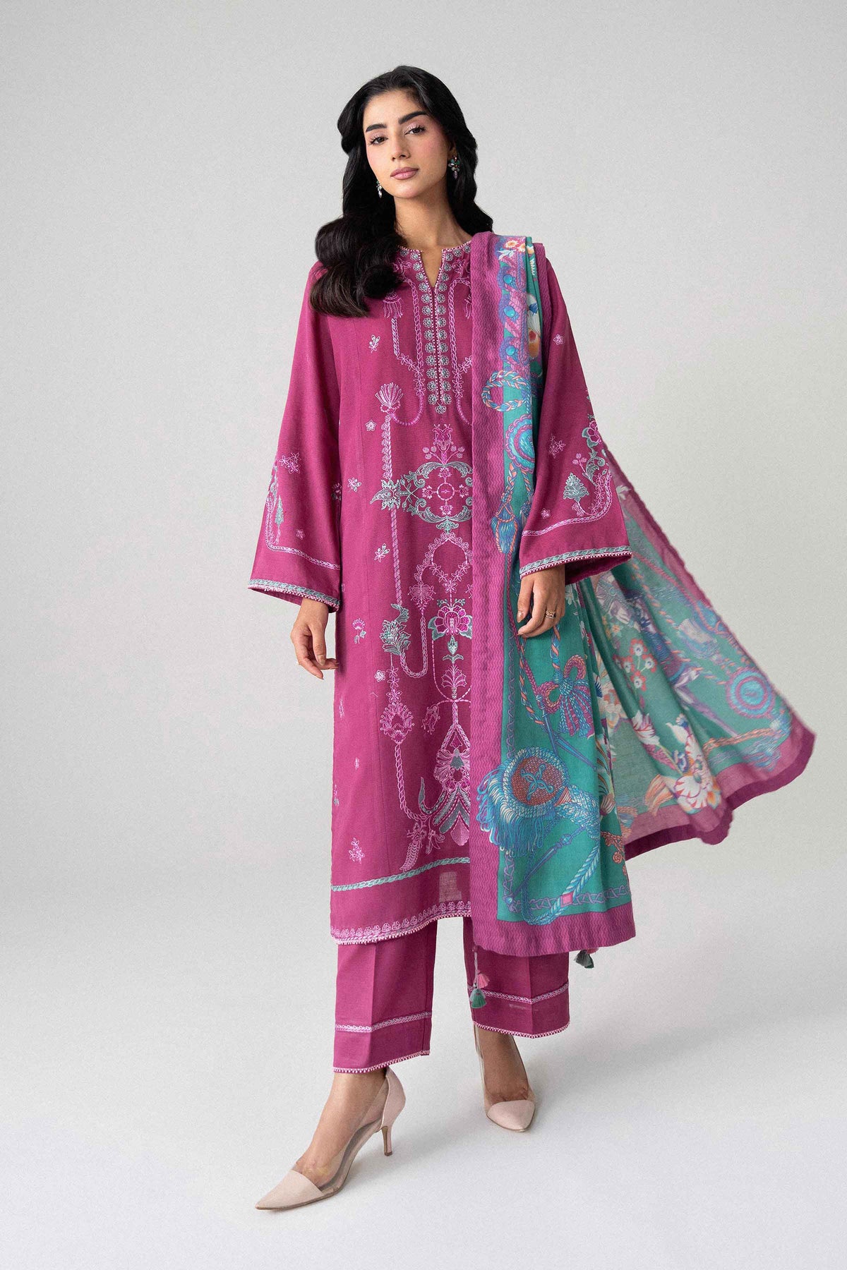 Pink 3-Piece Digital Printed Embroidered Suit in Khaddar unstitched