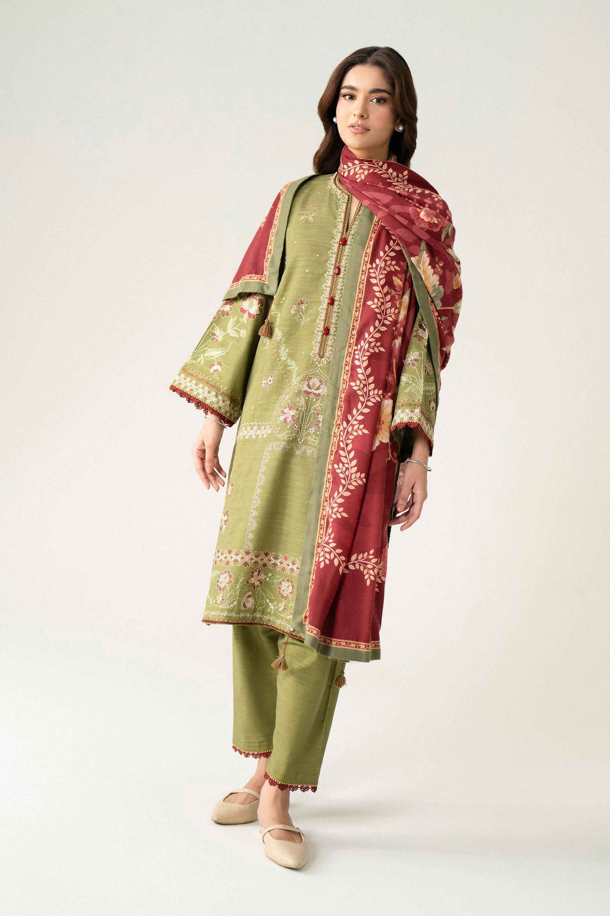 Green 3-Piece Digital Printed Embroidered Suit in Khaddar unstitched