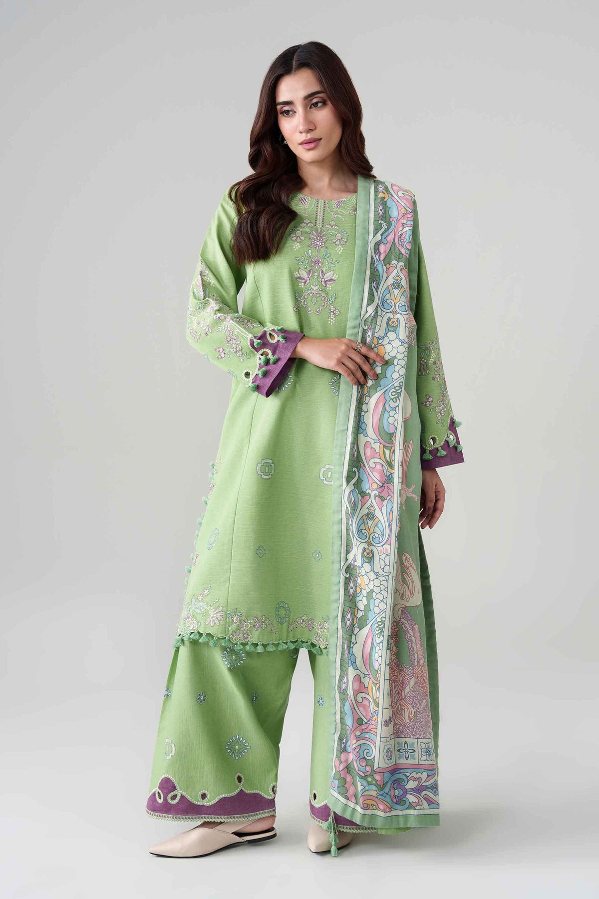 Green 3-Piece Digital Printed Embroidered Suit in Khaddar unstitched