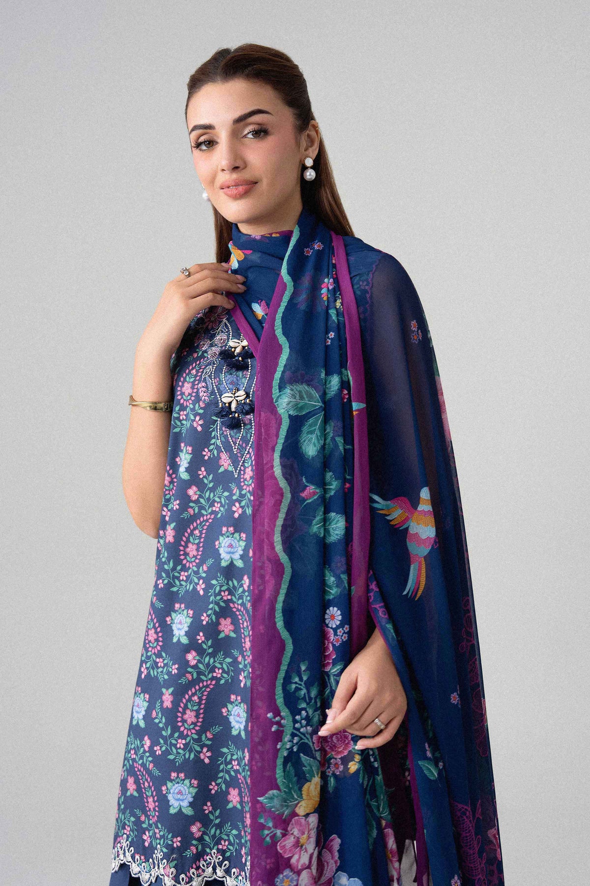 Blue 3-Piece Digital Printed Embroidered Suit in Lawn unstitched
