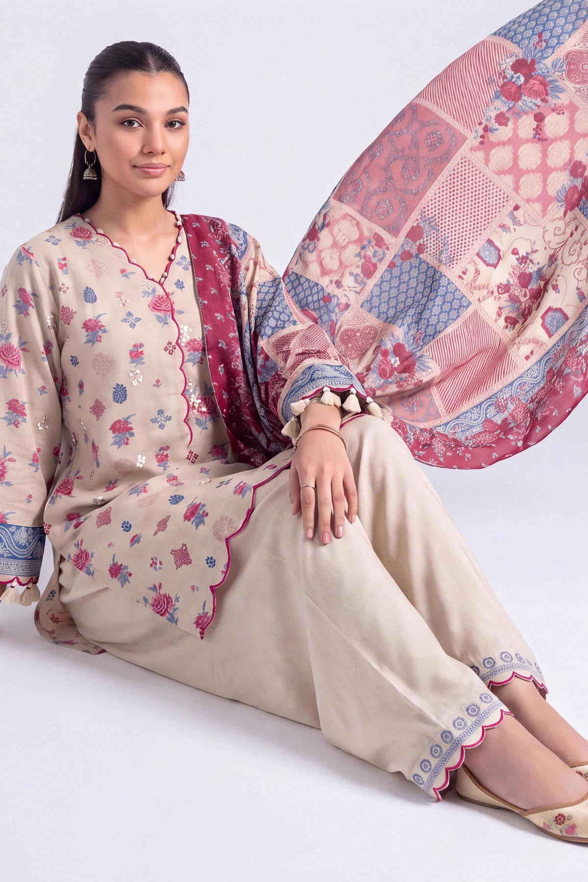Multi 3-Piece Printed Embroidered Suit in Linen unstitched