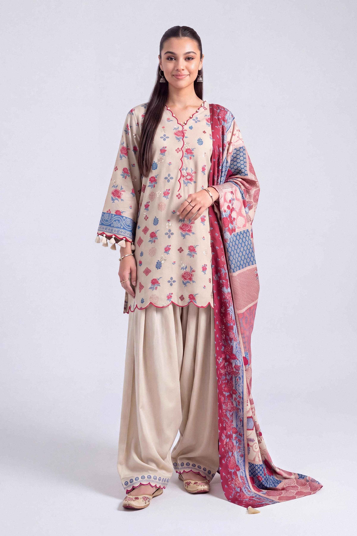 Multi 3-Piece Printed Embroidered Suit in Linen unstitched