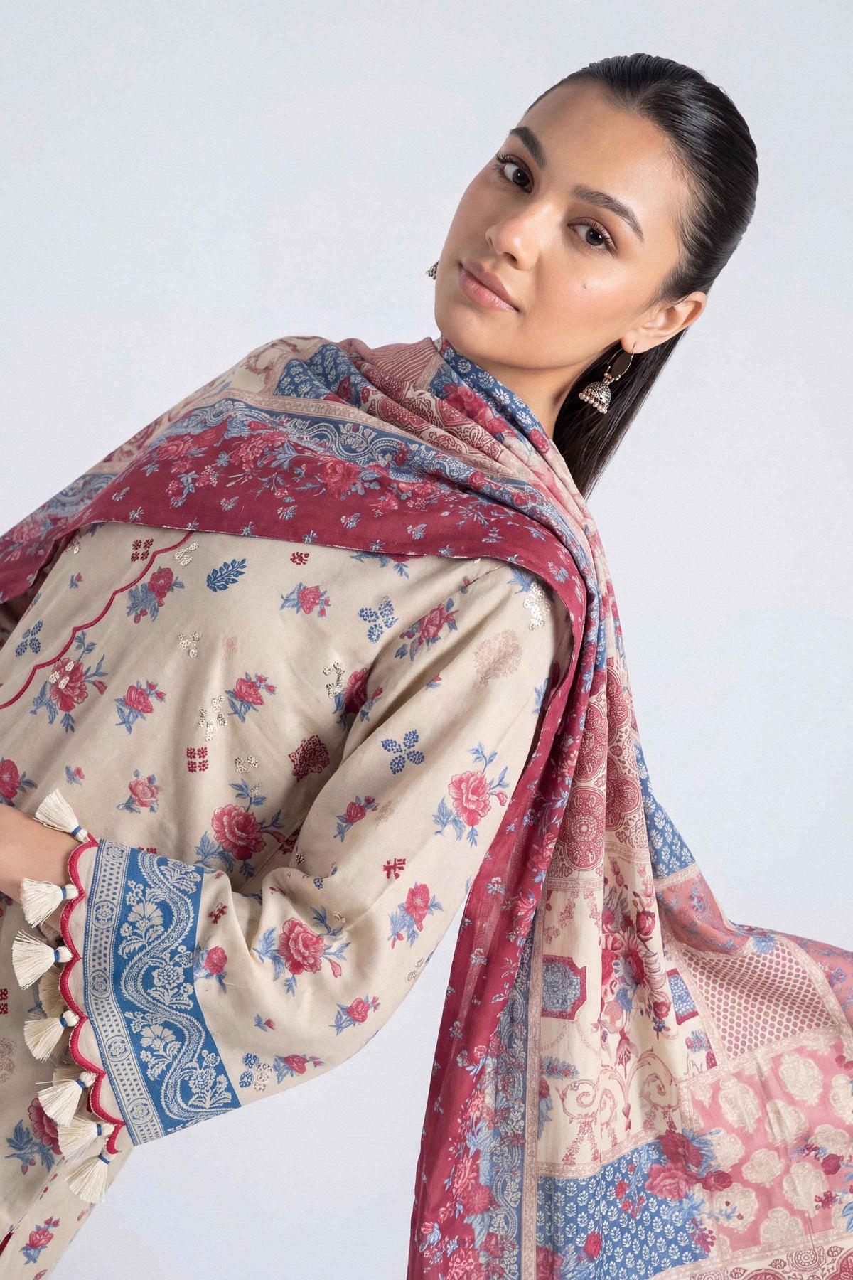 Multi 3-Piece Printed Embroidered Suit in Linen unstitched