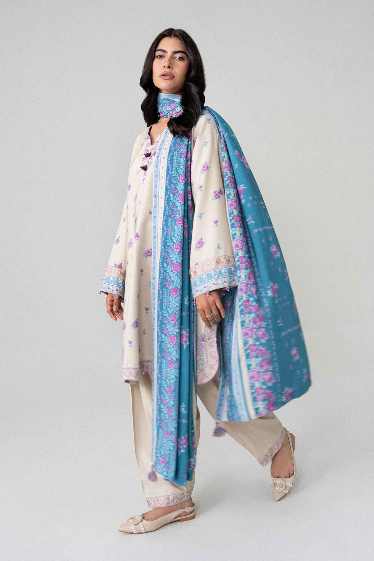 Beige 3-Piece Printed Embroidered Suit in Linen unstitched