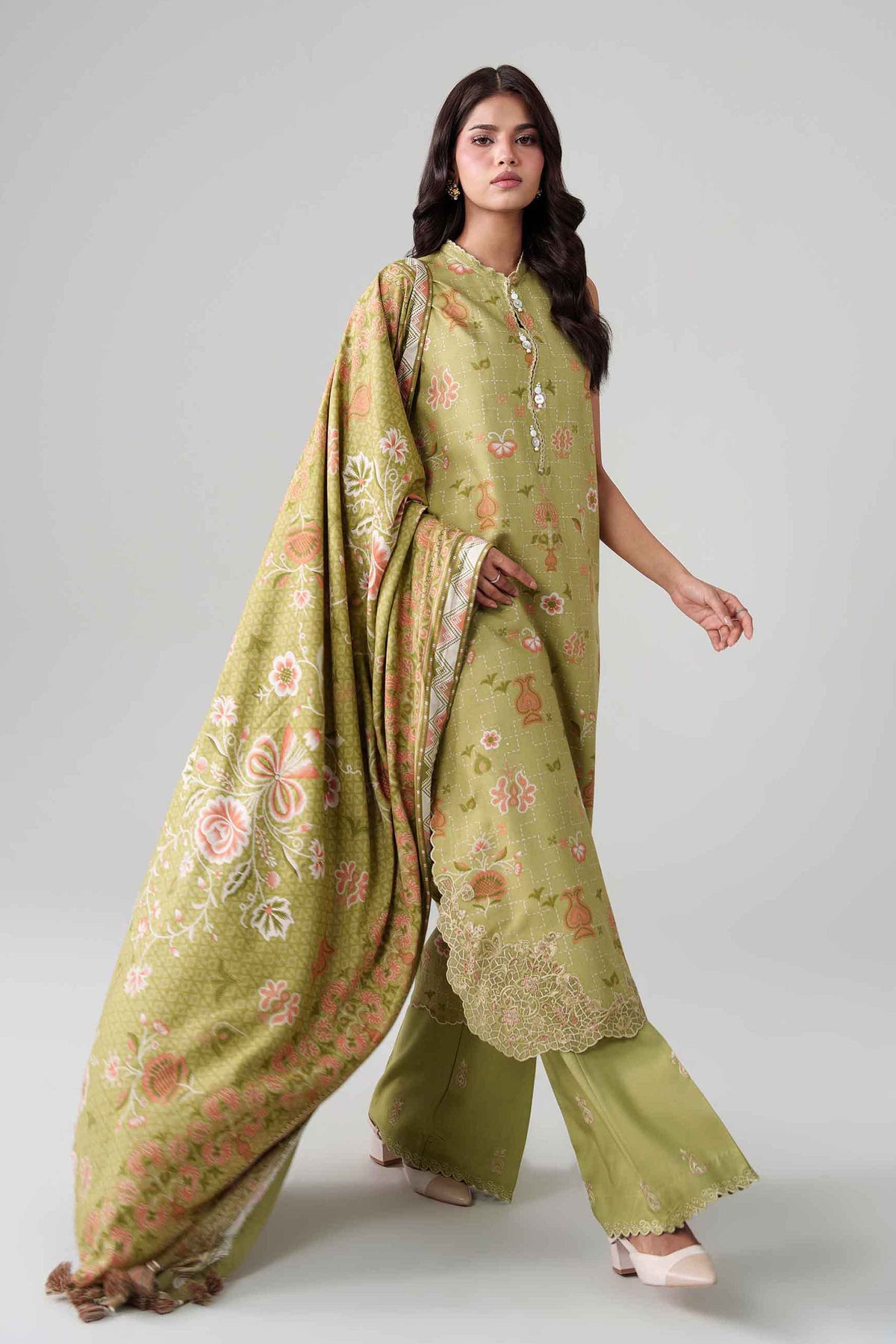 Green 3-Piece Printed Embroidered Suit in Linen unstitched