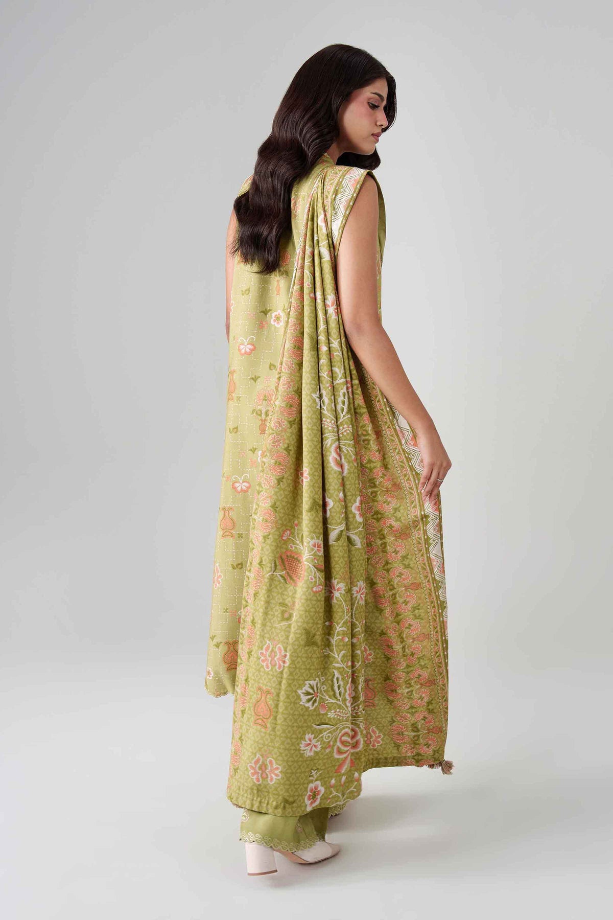 Green 3-Piece Printed Embroidered Suit in Linen unstitched