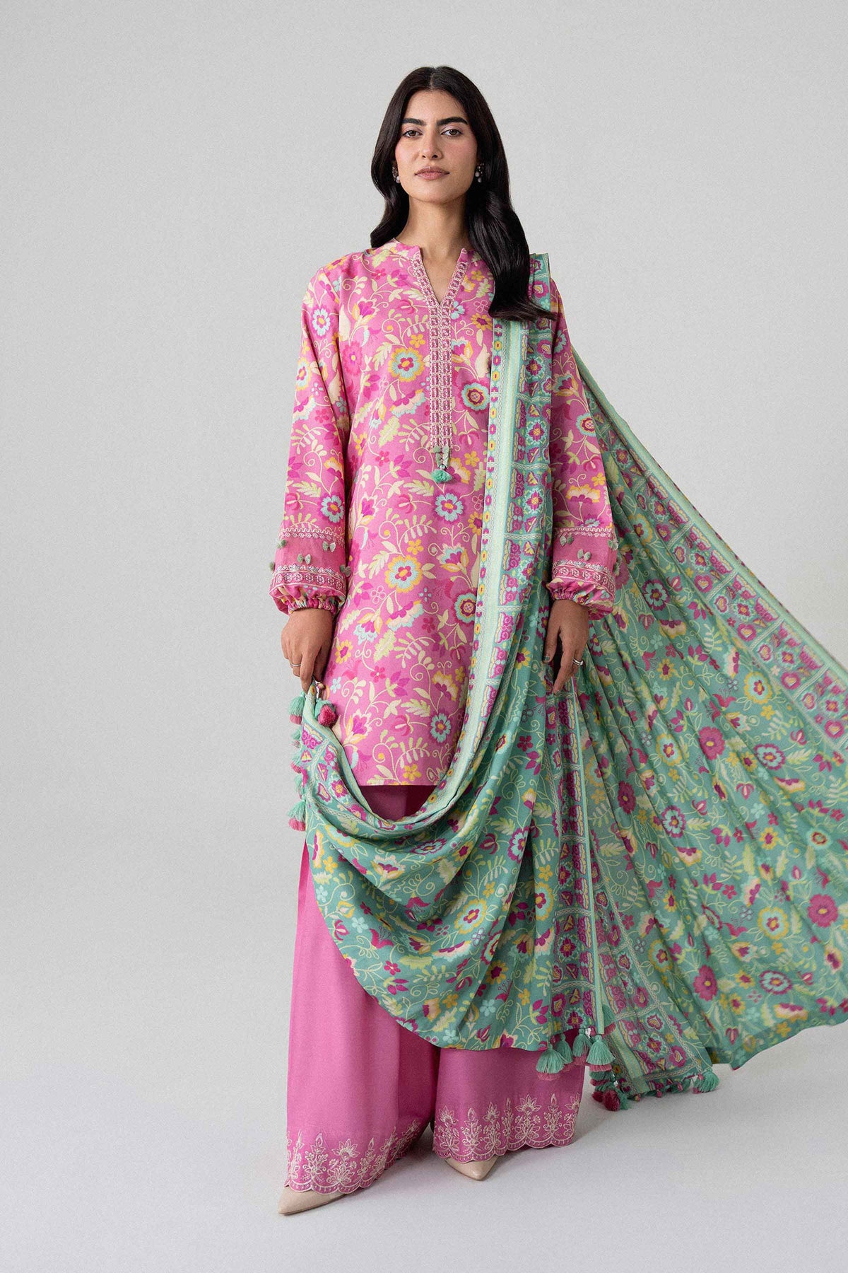 Pink 3-Piece Printed Embroidered Suit in Linen unstitched