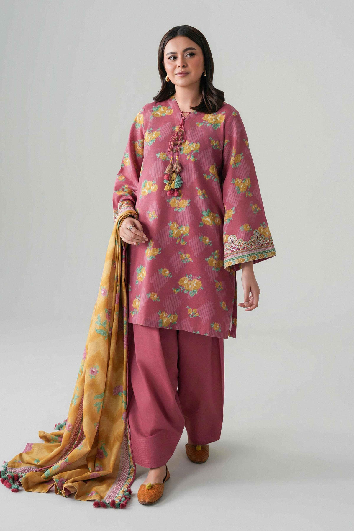 Pink 3-Piece Printed Embroidered Suit in Khaddar unstitched