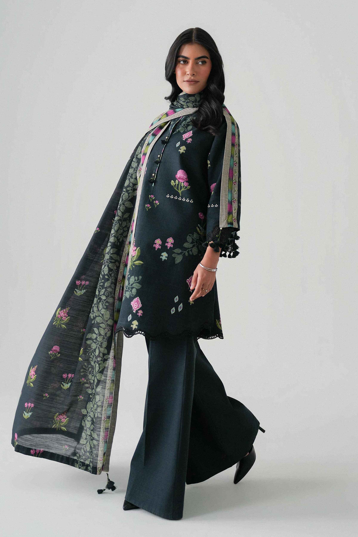 Black 3-Piece Printed Embroidered Suit in Khaddar unstitched